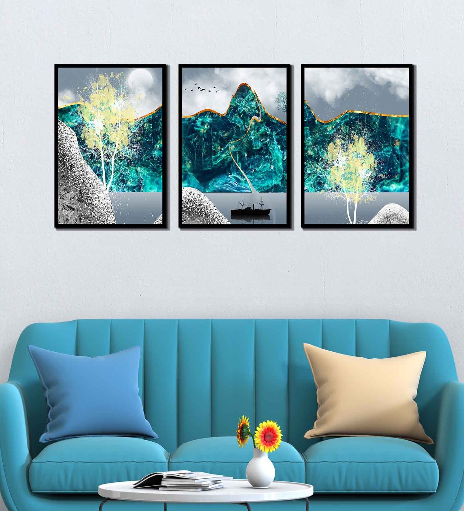 Moon Multicolour Canvas & MDF (Set of 3) Framed Art Panels