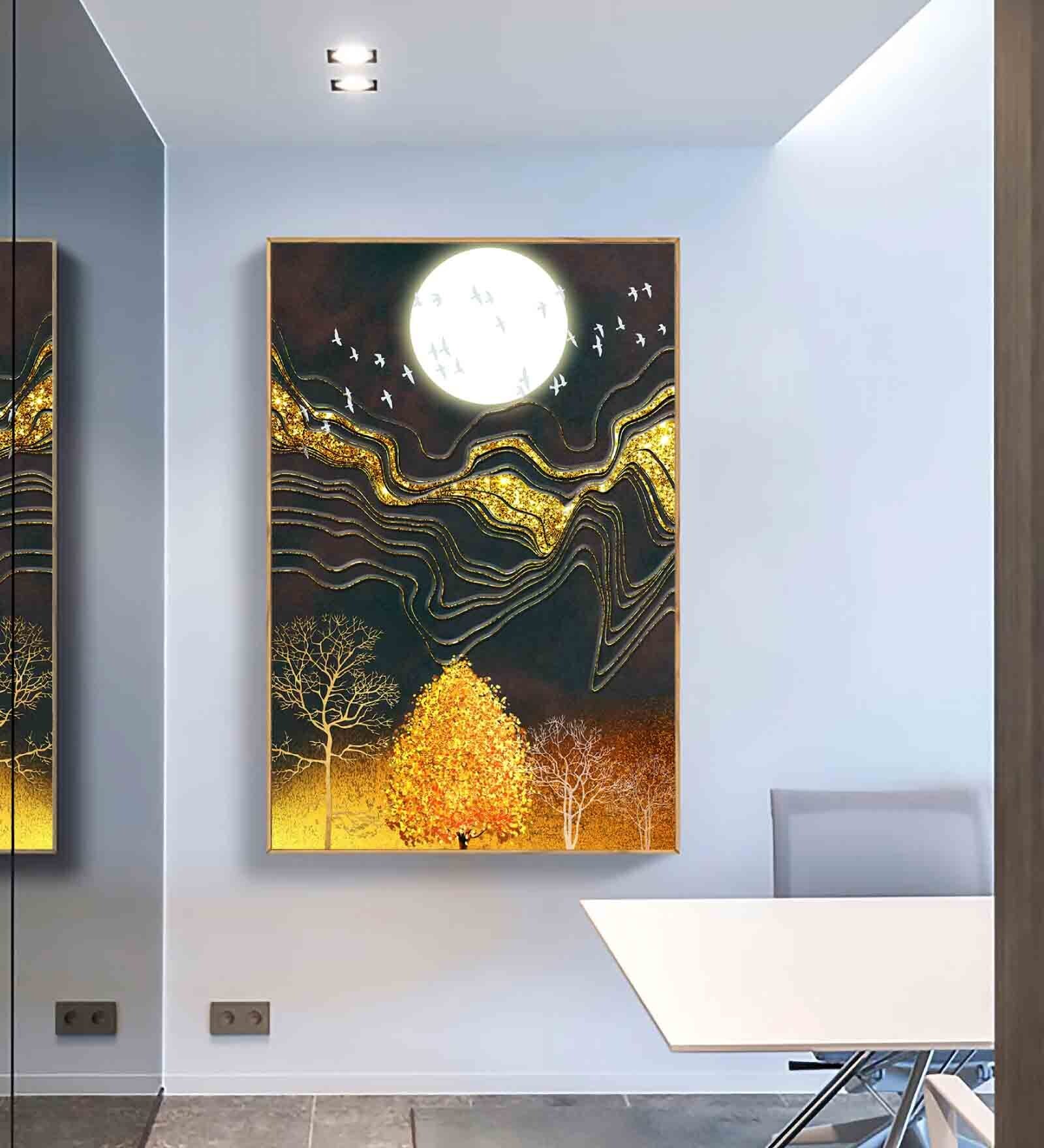 Moon Multicolour Engineered Wood Framed Canvas Wall Painting