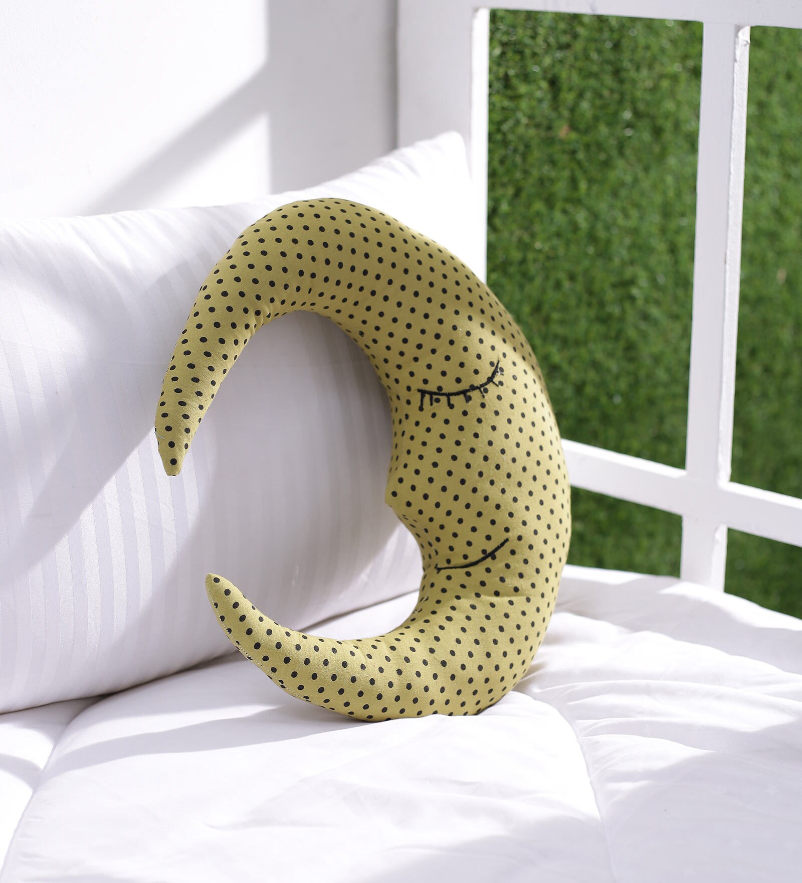 Buy Green Cotton Moon Shaped Cushion by Oscar home at 41 OFF by Oscar