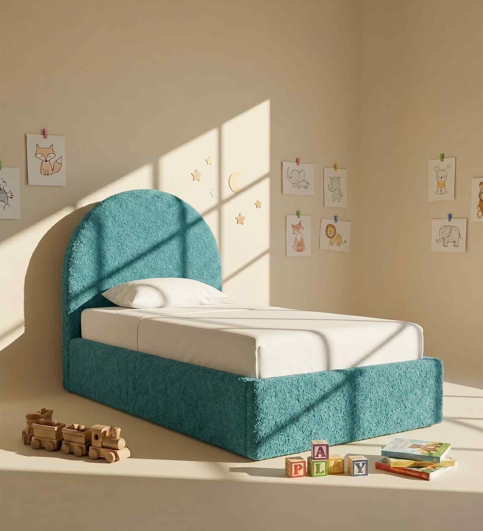 Moonrise Boucle Kids Toddler Bed With Hydraulic Storage In Green Colour