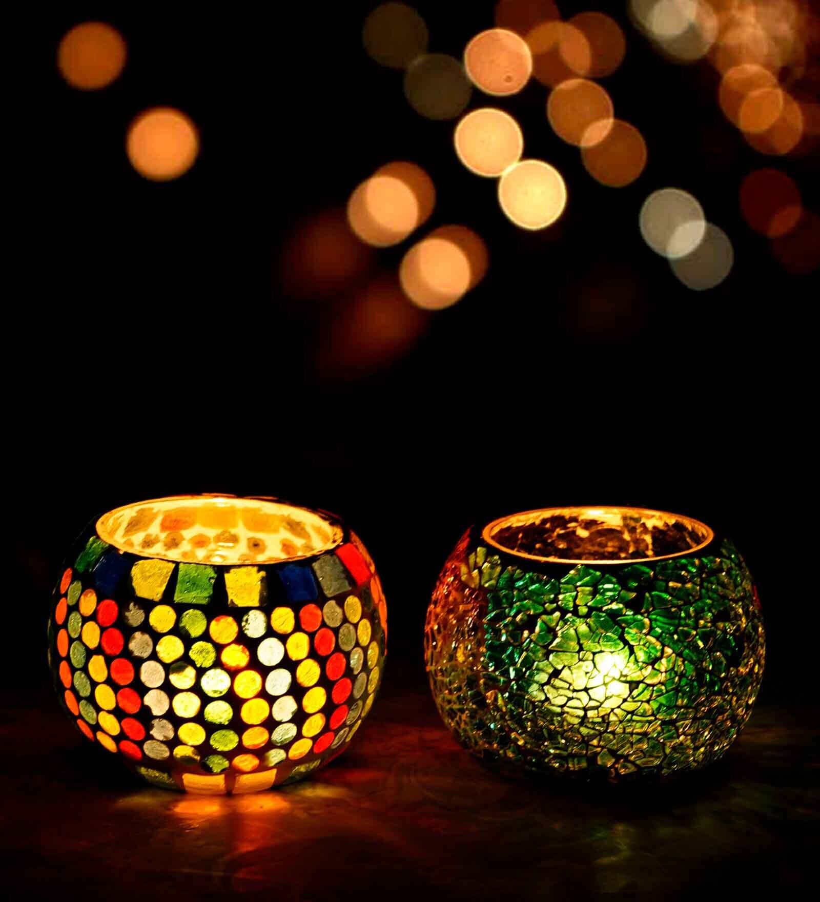 Mordern Multicolor Glass (Set of 2) Table Tea Light Holder