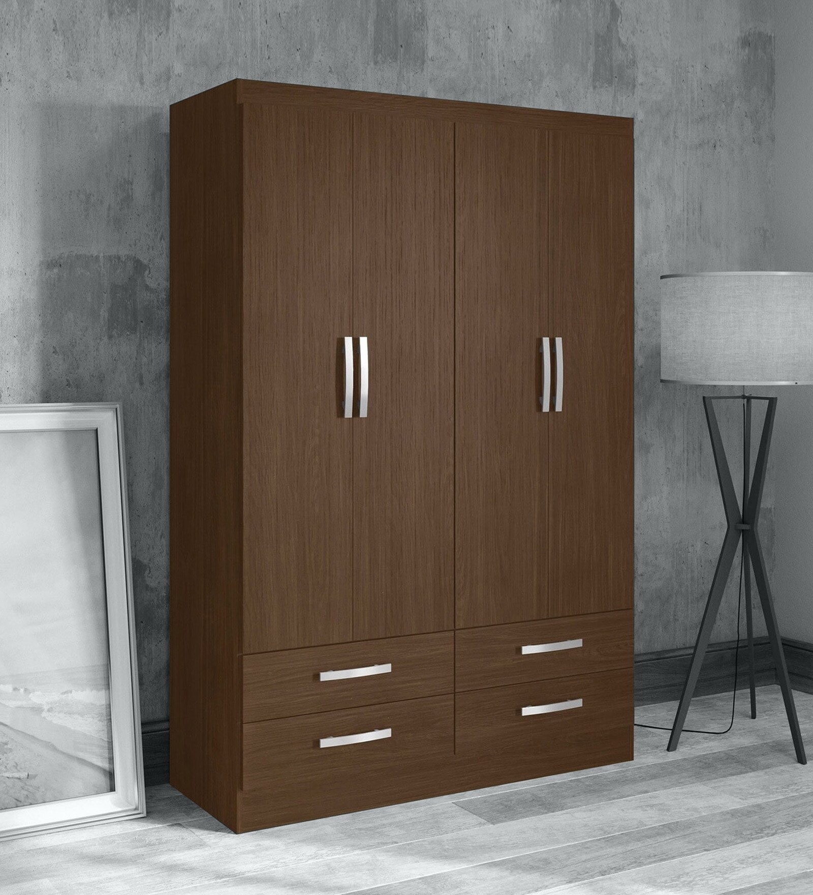 Morinari 4 Door Wardrobe In Regato Walnut Finish With 4 Drawers