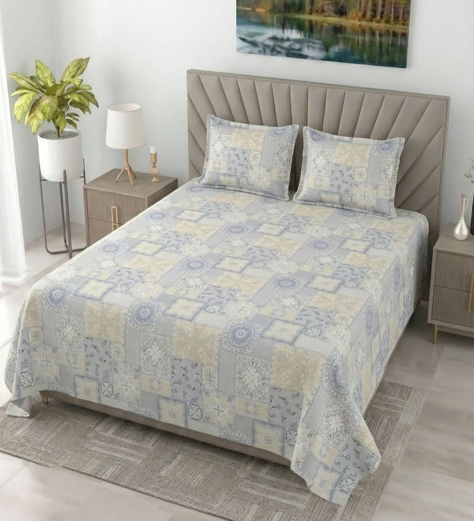 Morning Sky Metro 186 TC Cotton King Bedsheet With 2 Pillow Covers