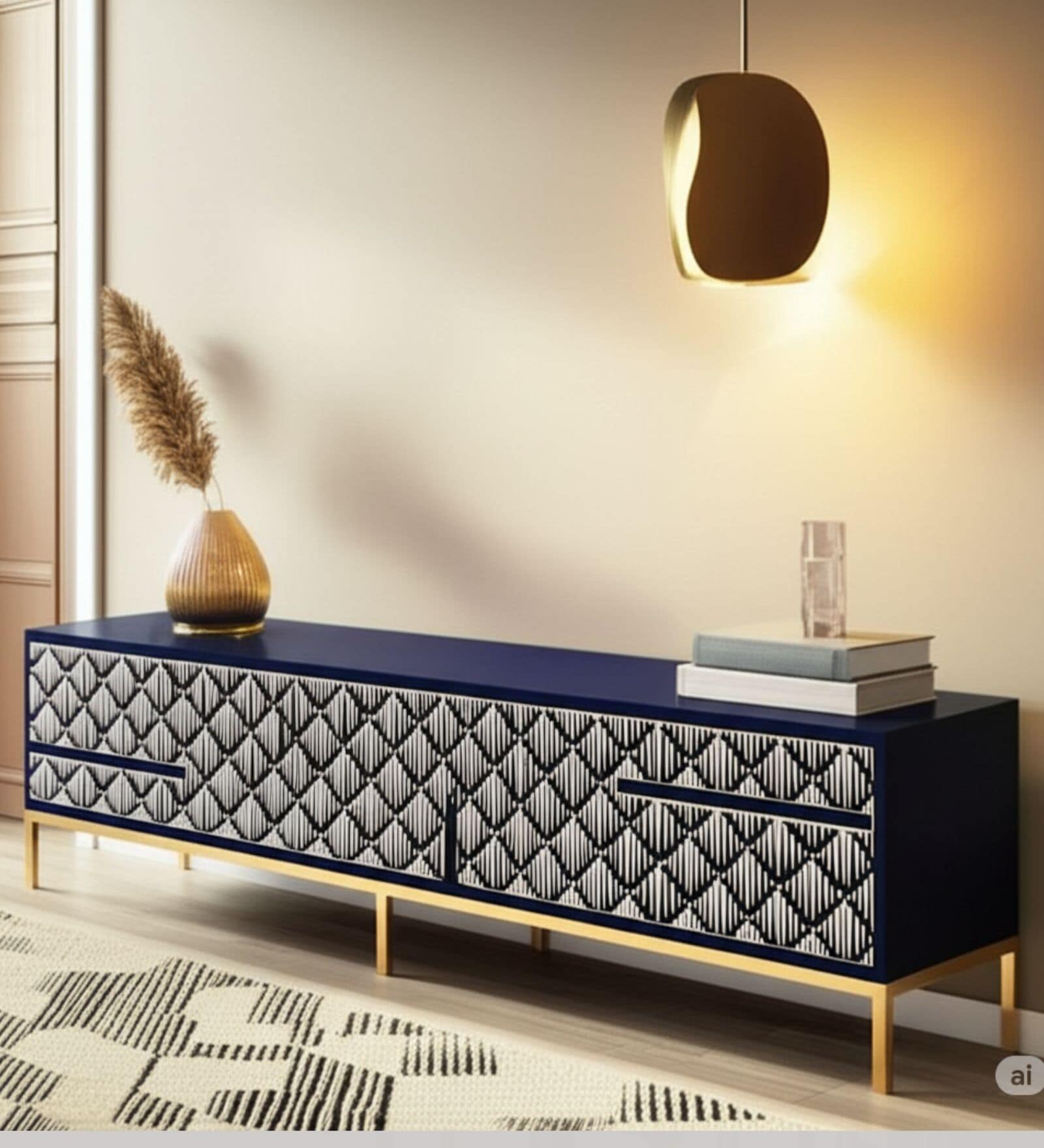 Moroccan Bone Inlay TV Console In Indigo Colour