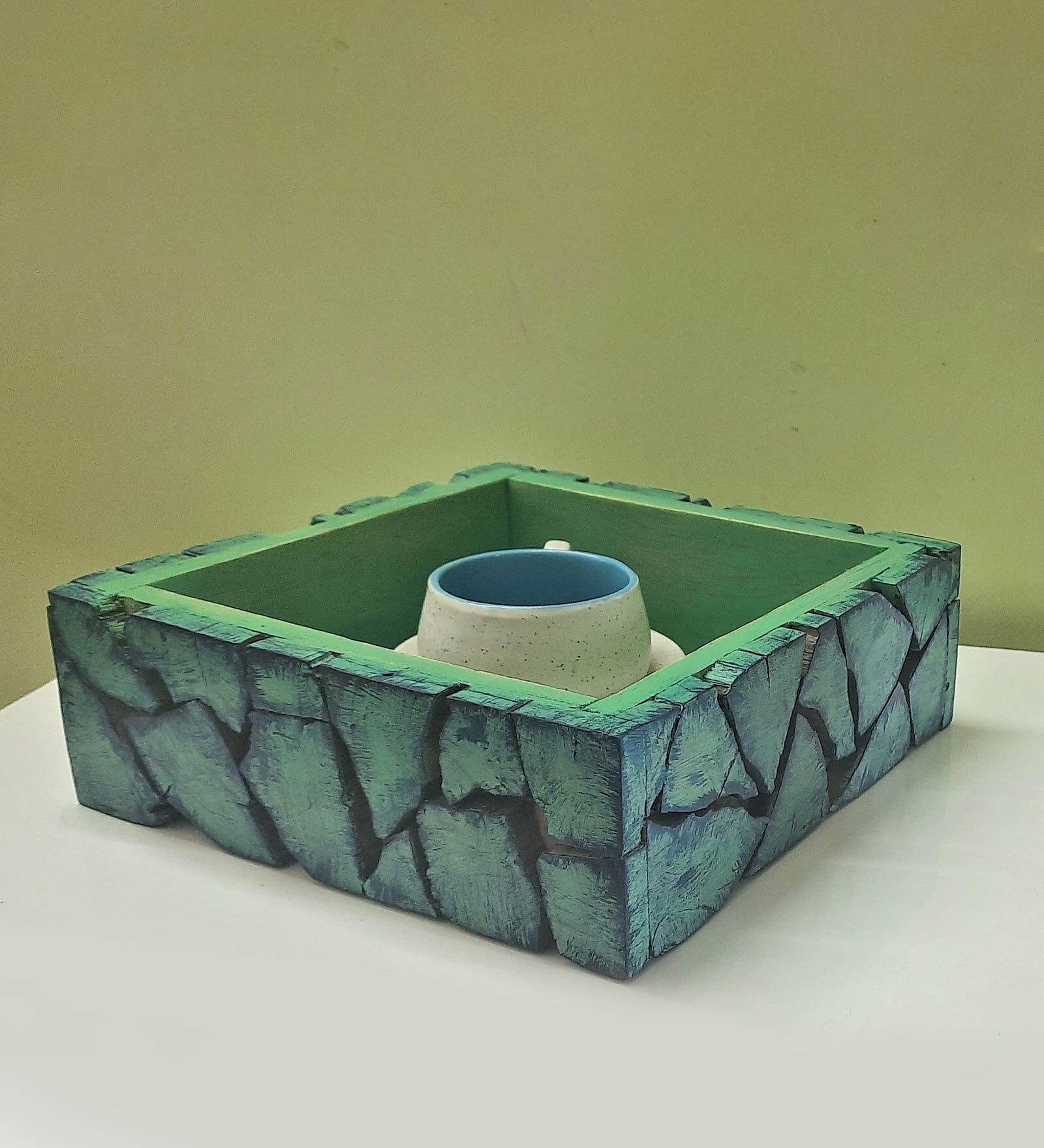 Mosaic Mint Green  Handpainted Wood 9 inch(Medium) Serving Tray