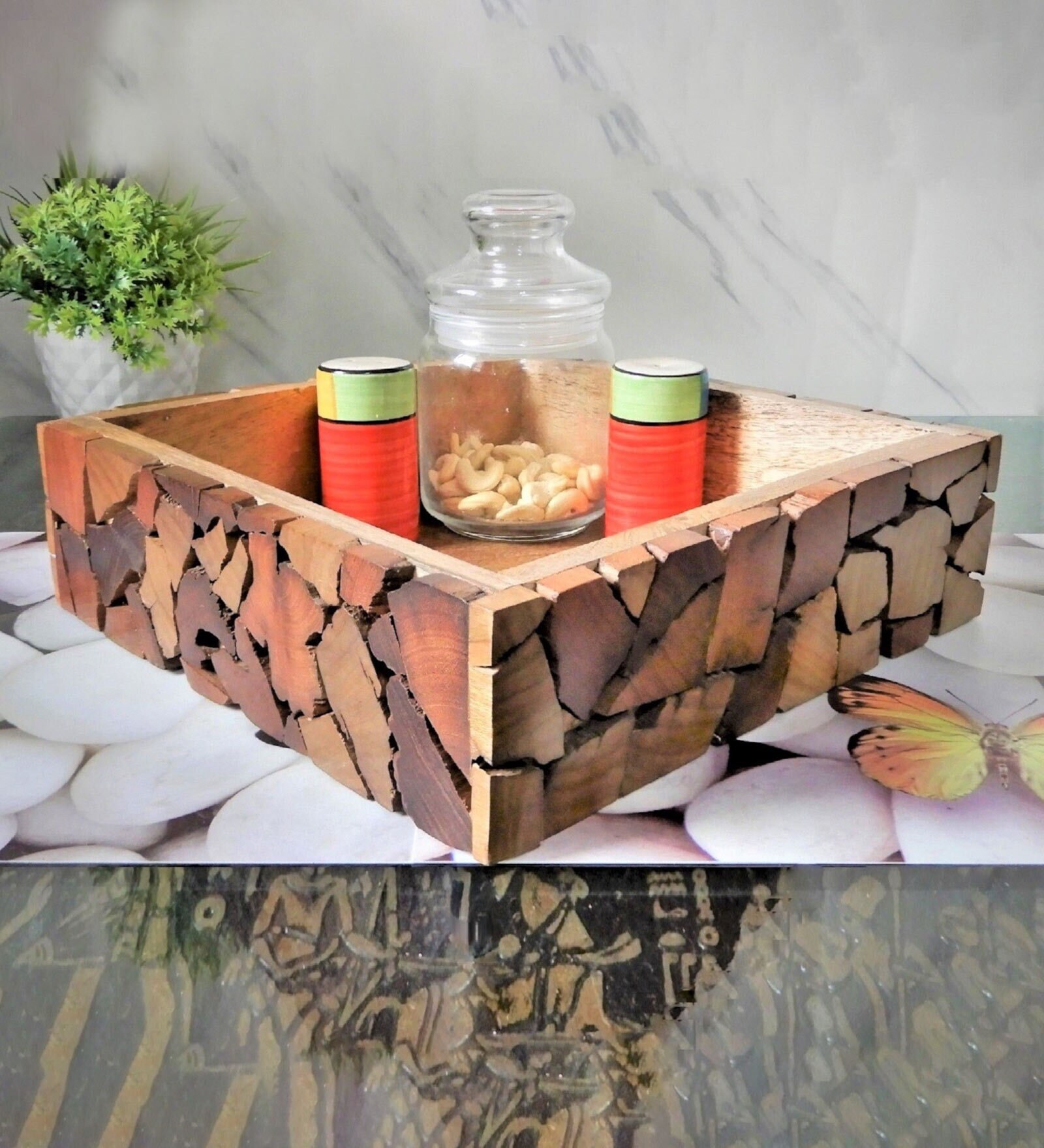 Mosaic Natural Brown  Handpainted 9 inch Wood Serving Tray