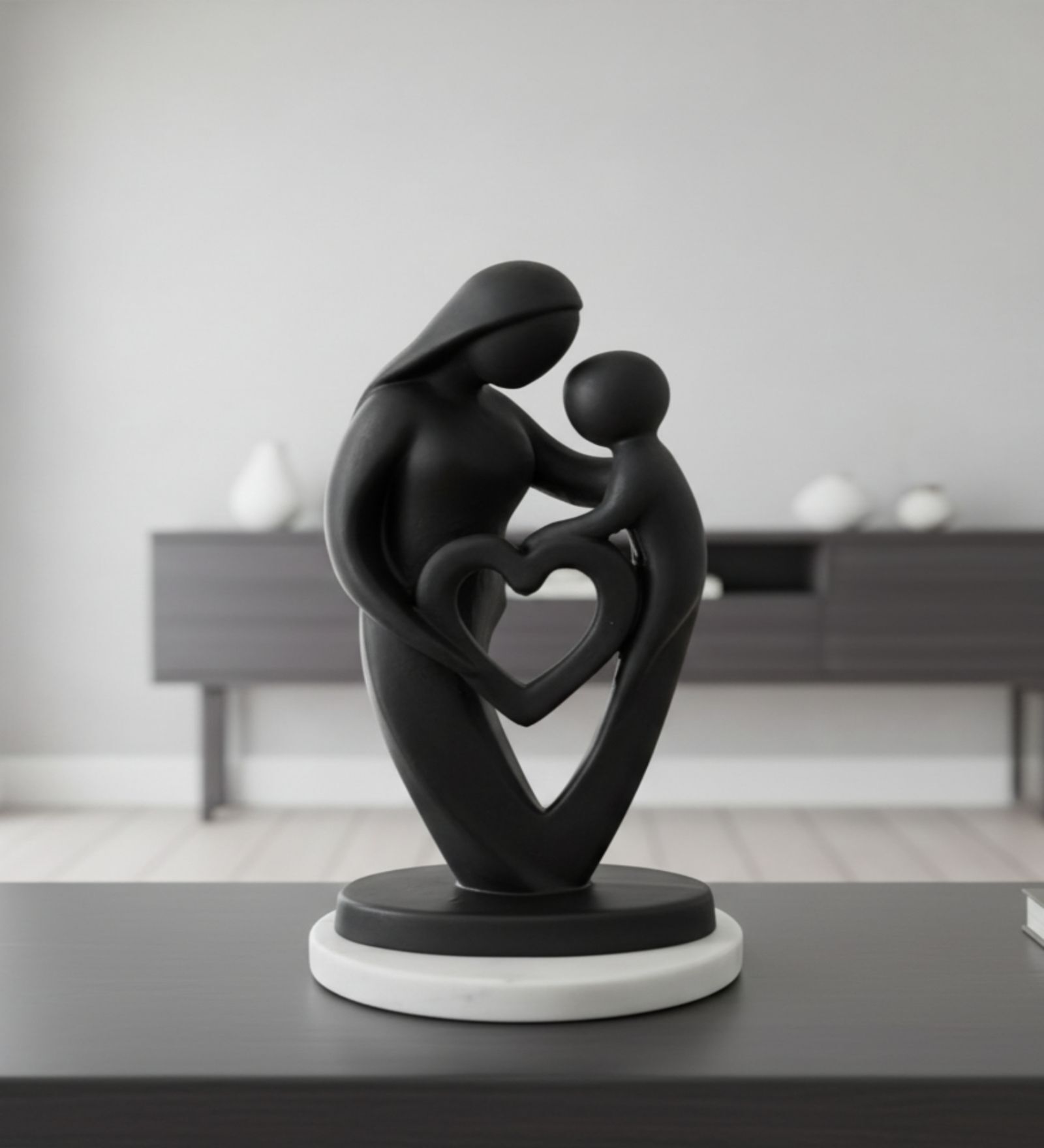 Mother Baby Black Heart Showpiece With White Marble Base