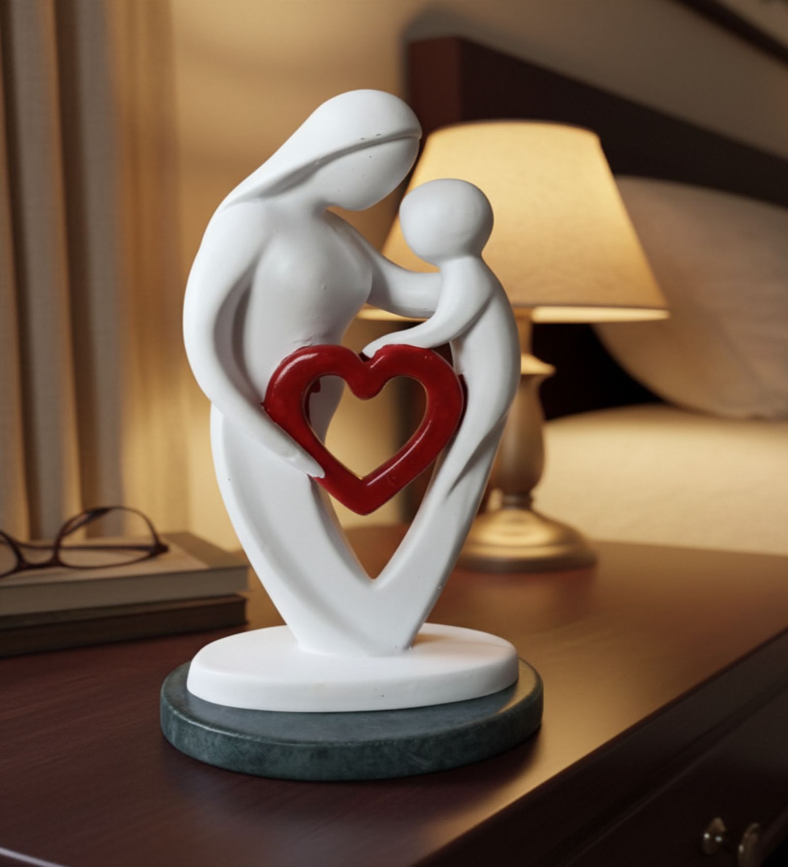 Mother Baby Red Heart Showpiece With Green Marble Base