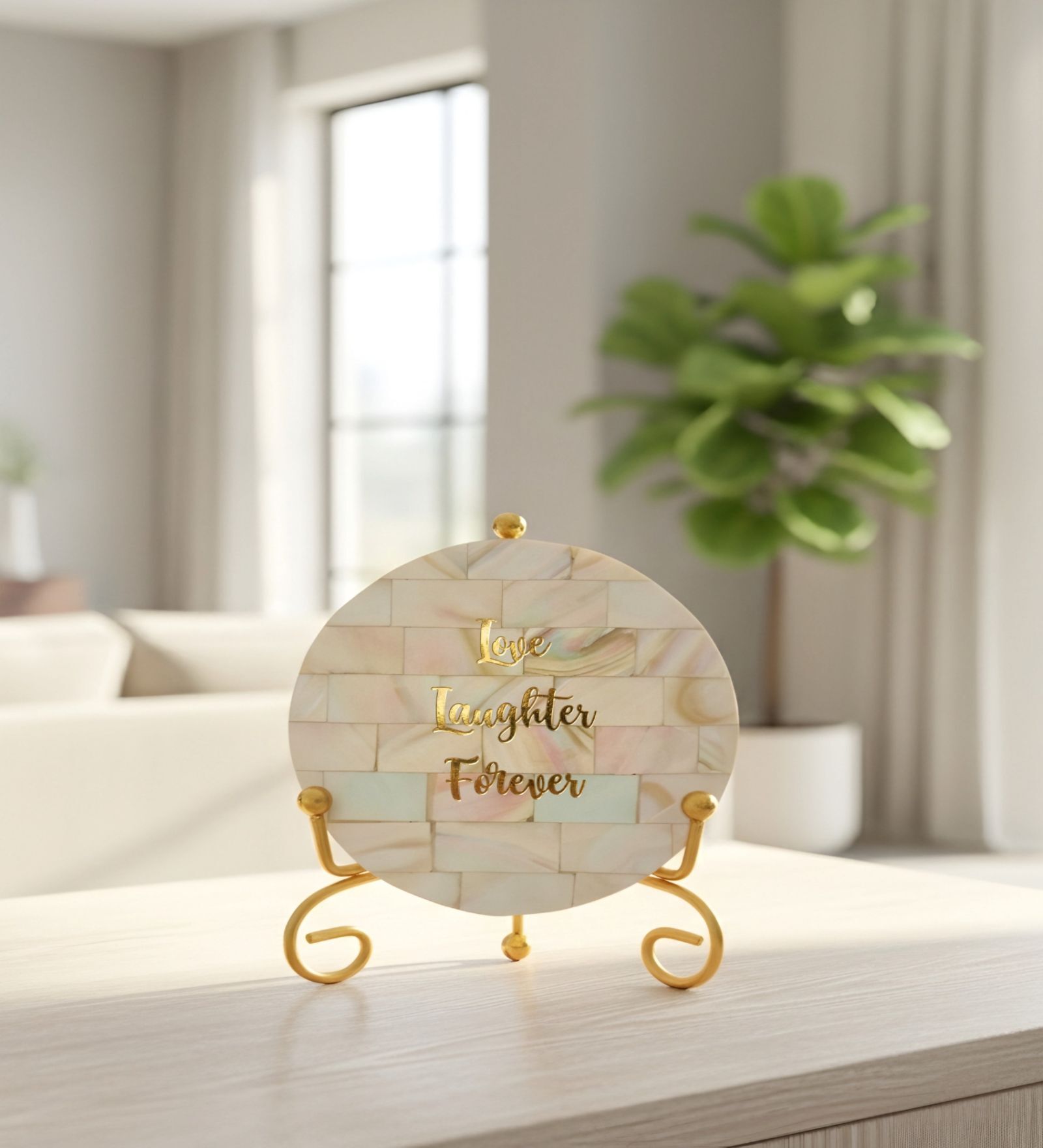 Mother Of Pearl Love Laughter Forever Showpiece With Metal Stand