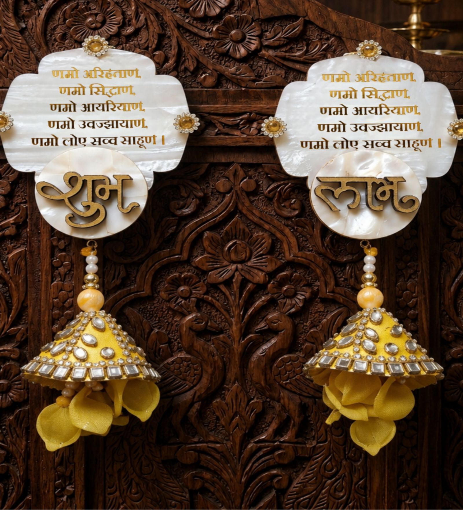 Mother Of Pearl Namokar Mantra Shubh Labh Hangings With Yellow Latkans