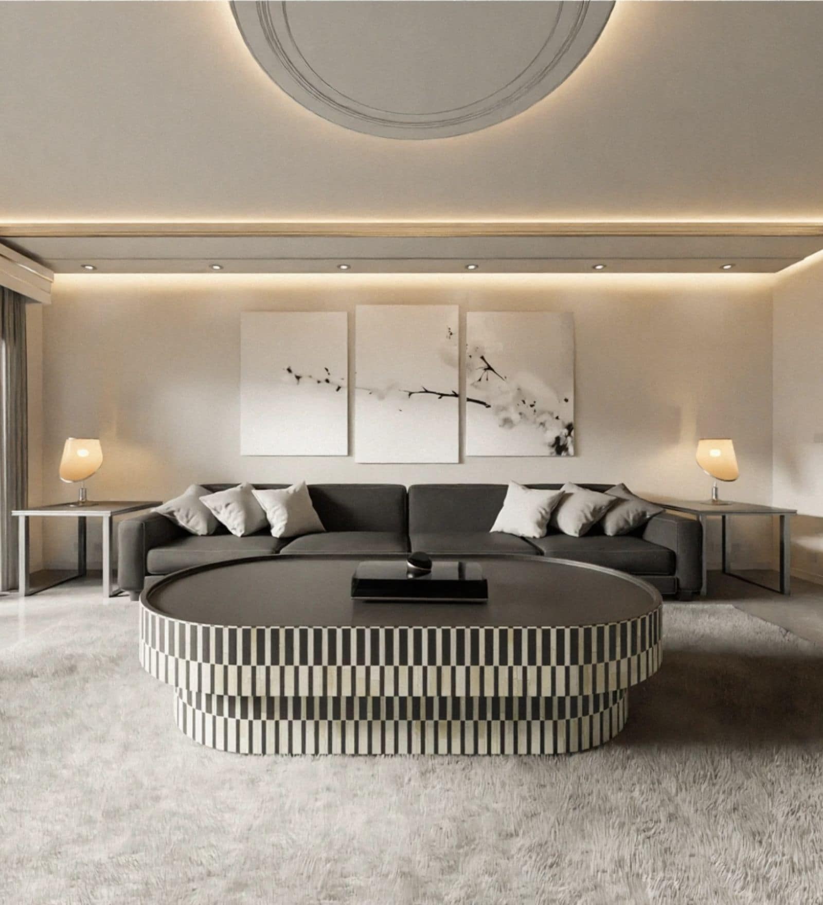 Noir Striped Mother of Pearl Oval Coffee Table in Black Finish