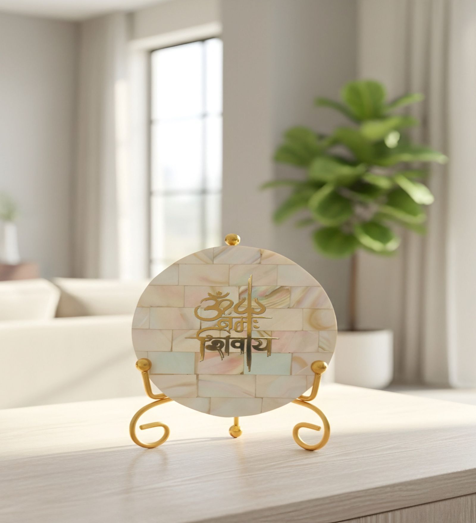 Mother Of Pearl Om Namah Shivay Showpiece With Metal Stand