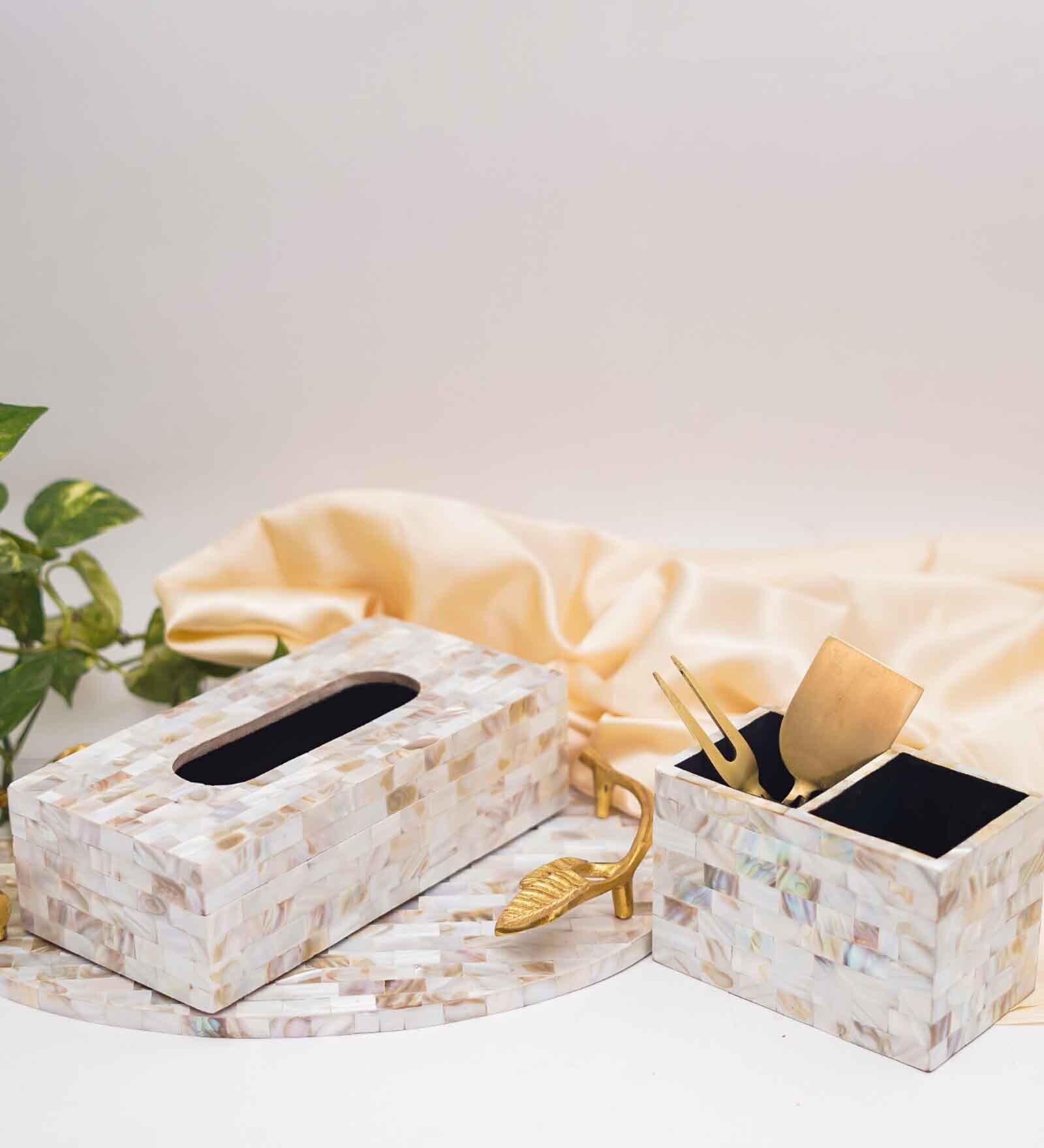 Mother of Pearl Serving Tray, Tissue Holder & Spoon Holder Set for Kitchen & Dining