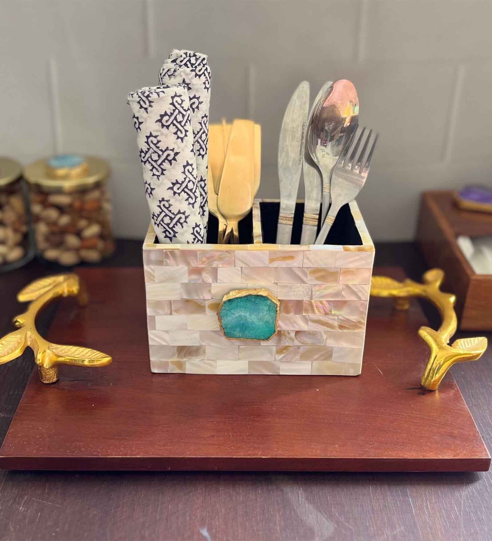 Mother of Pearl Green Stone Cutlery Holder