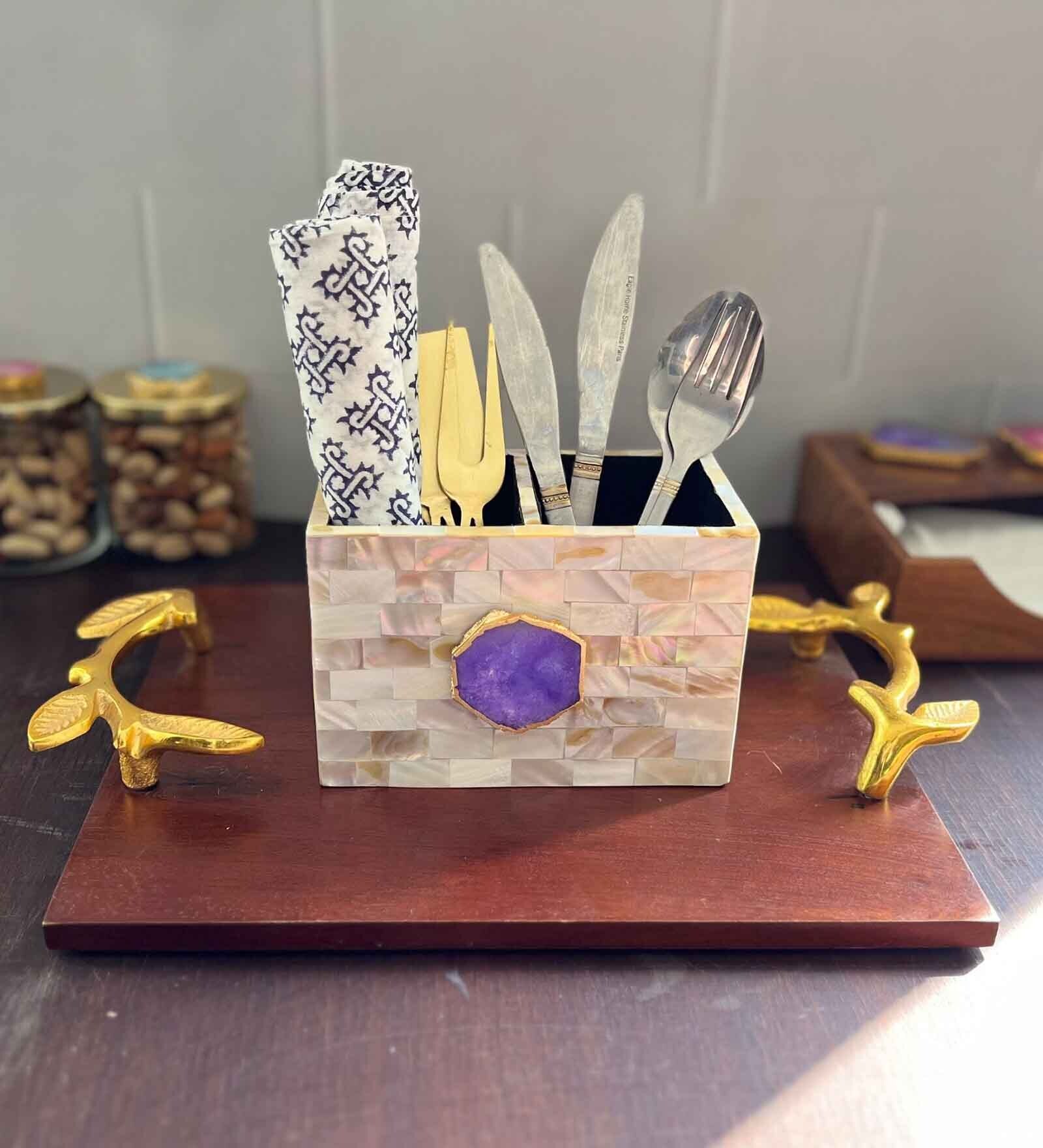 Mother of Pearl Purple Stone Cutlery Holder