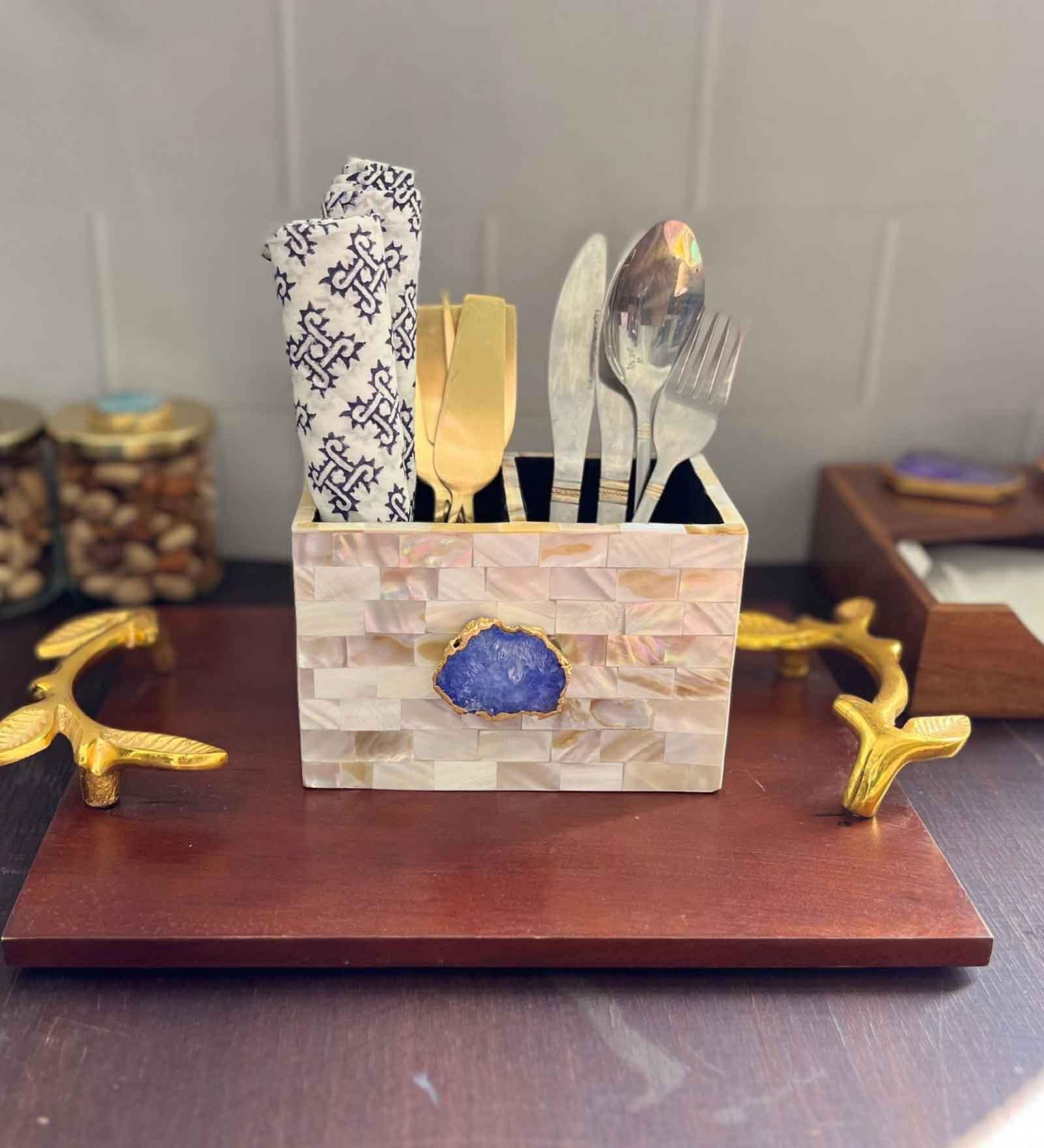 Mother of Pearl Blue Stone Cutlery Holder
