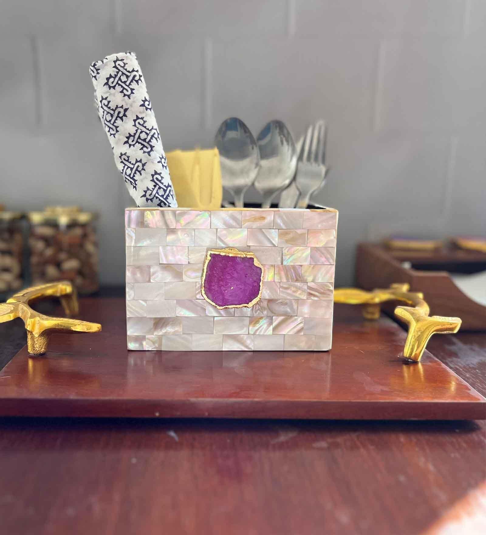 Mother of Pearl Pink Stone Cutlery Holder