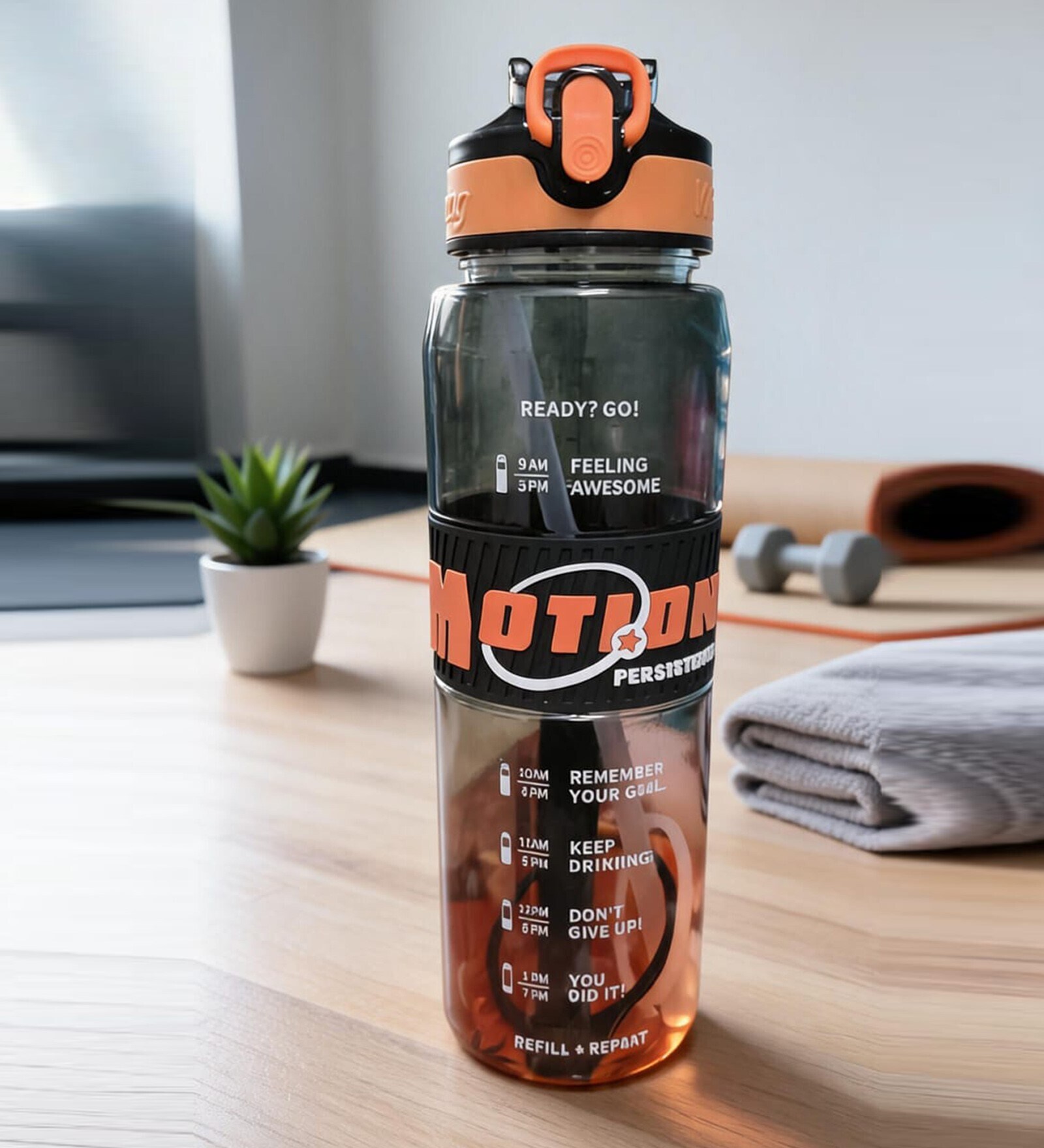 Motivational Sipper Water Bottle with Capacity Markings & Silicone Grip, 700 ml