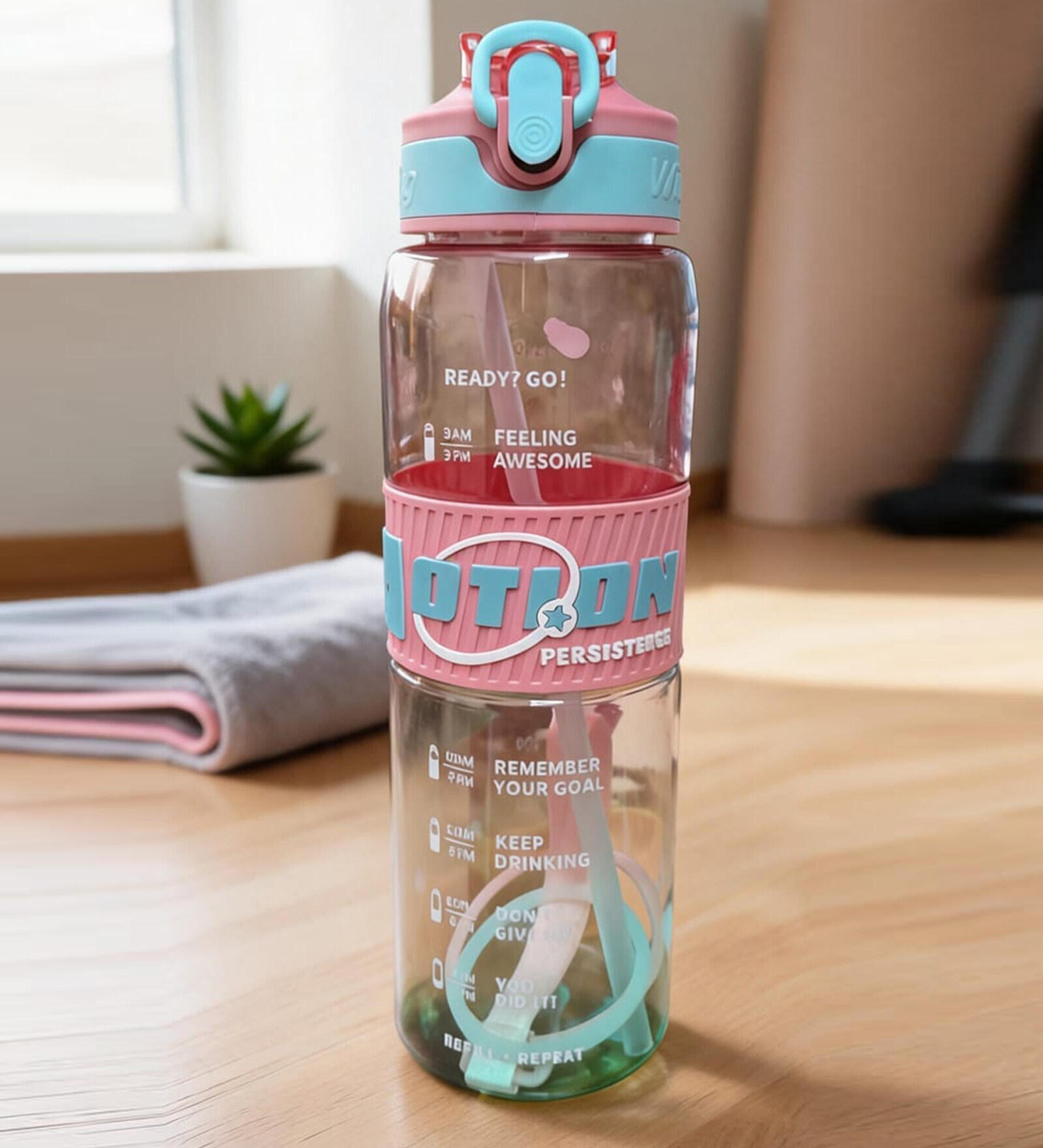 Motivational Sipper Water Bottle with Capacity Markings & Silicone Grip, 700 ml