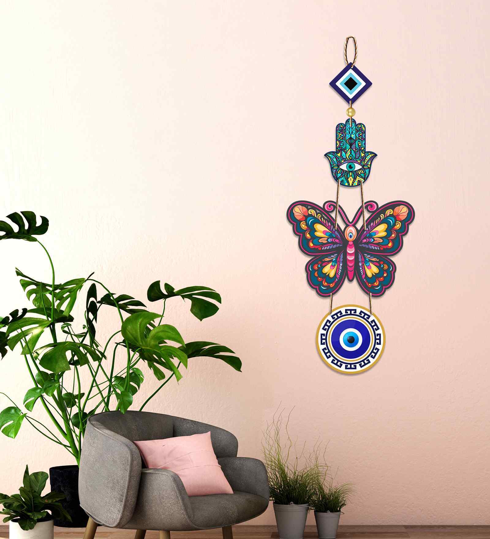 Butterfly Wooden Wall Hanging With Evil Eye Charm