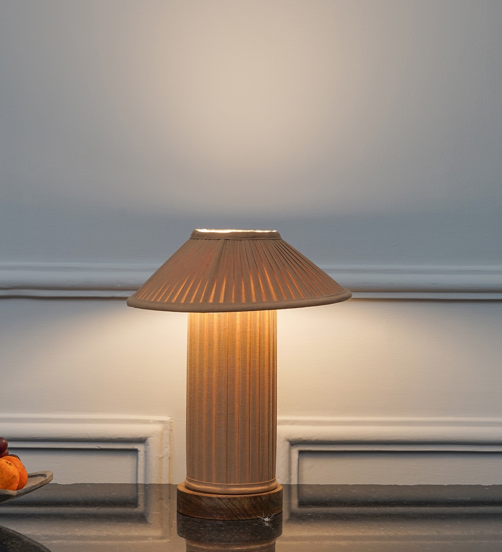 Moulins Small Beige Color Fabric Table Lamp With Brown Wood