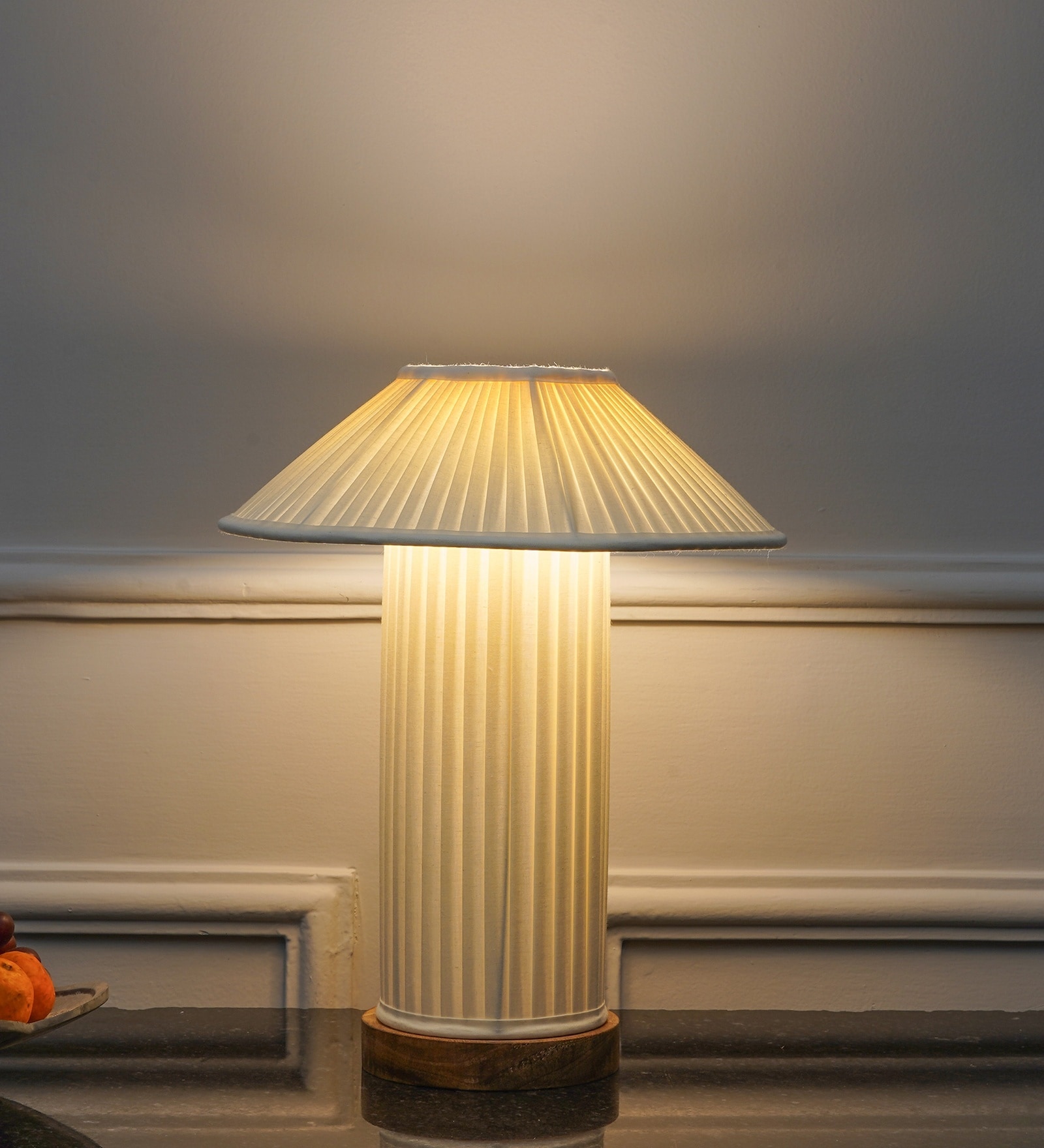 Moulins Small White Color Fabric Table Lamp With Brown Wood