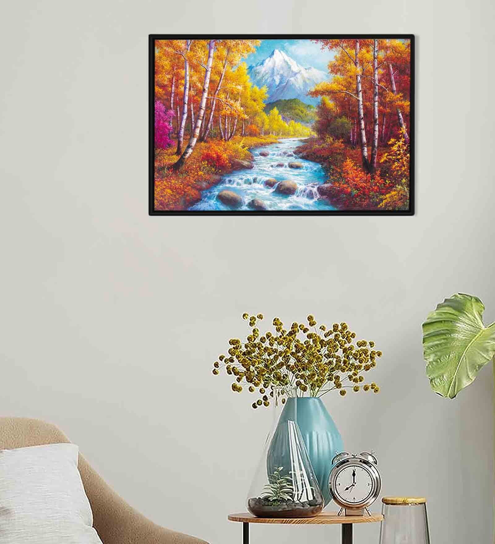 Mountain River Multicolour Synthetic Wood Framed Canvas Wall Painting