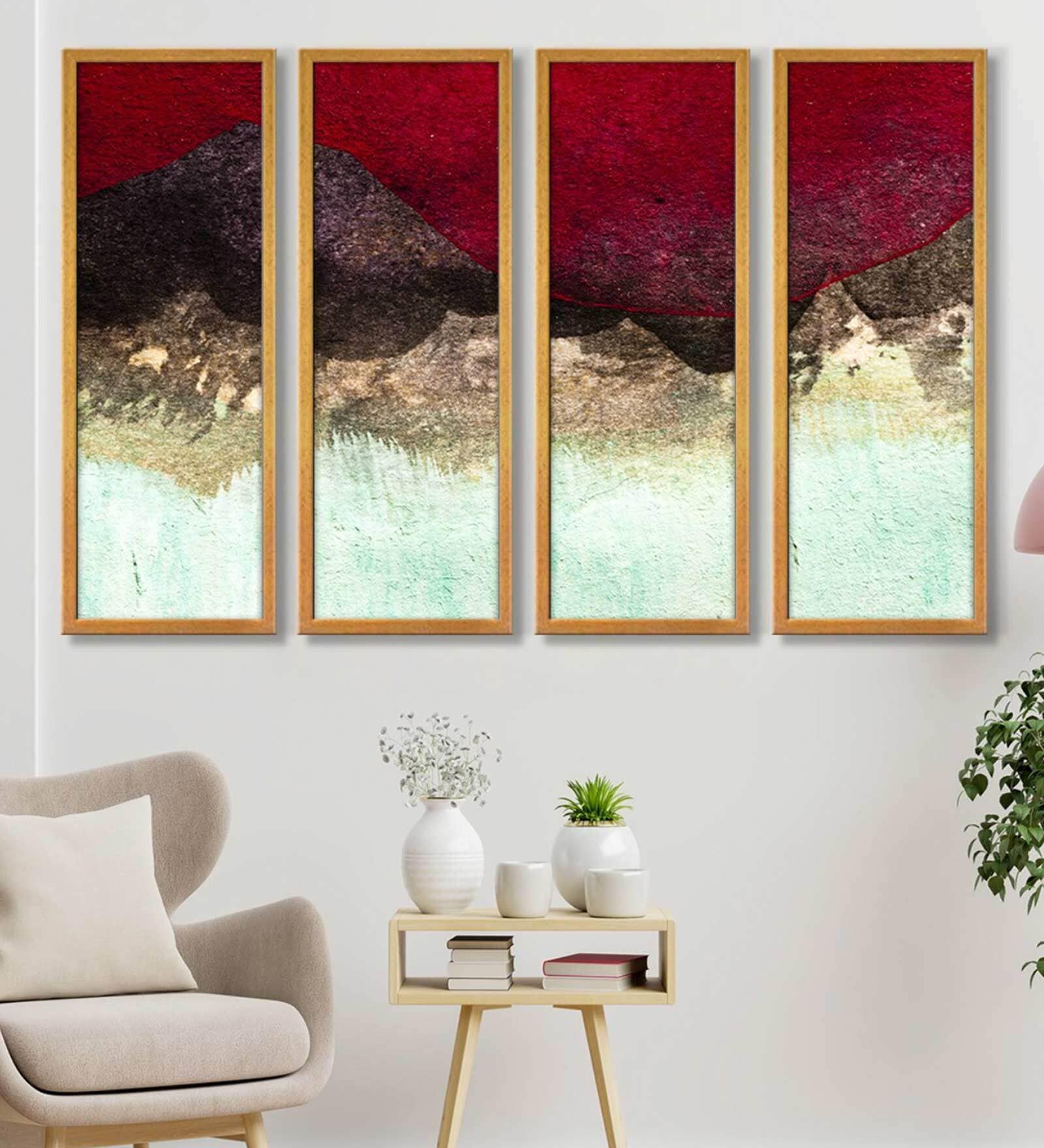 Mountains Water Multicolour Canvas Framed Abstract Art Panel Set of 4