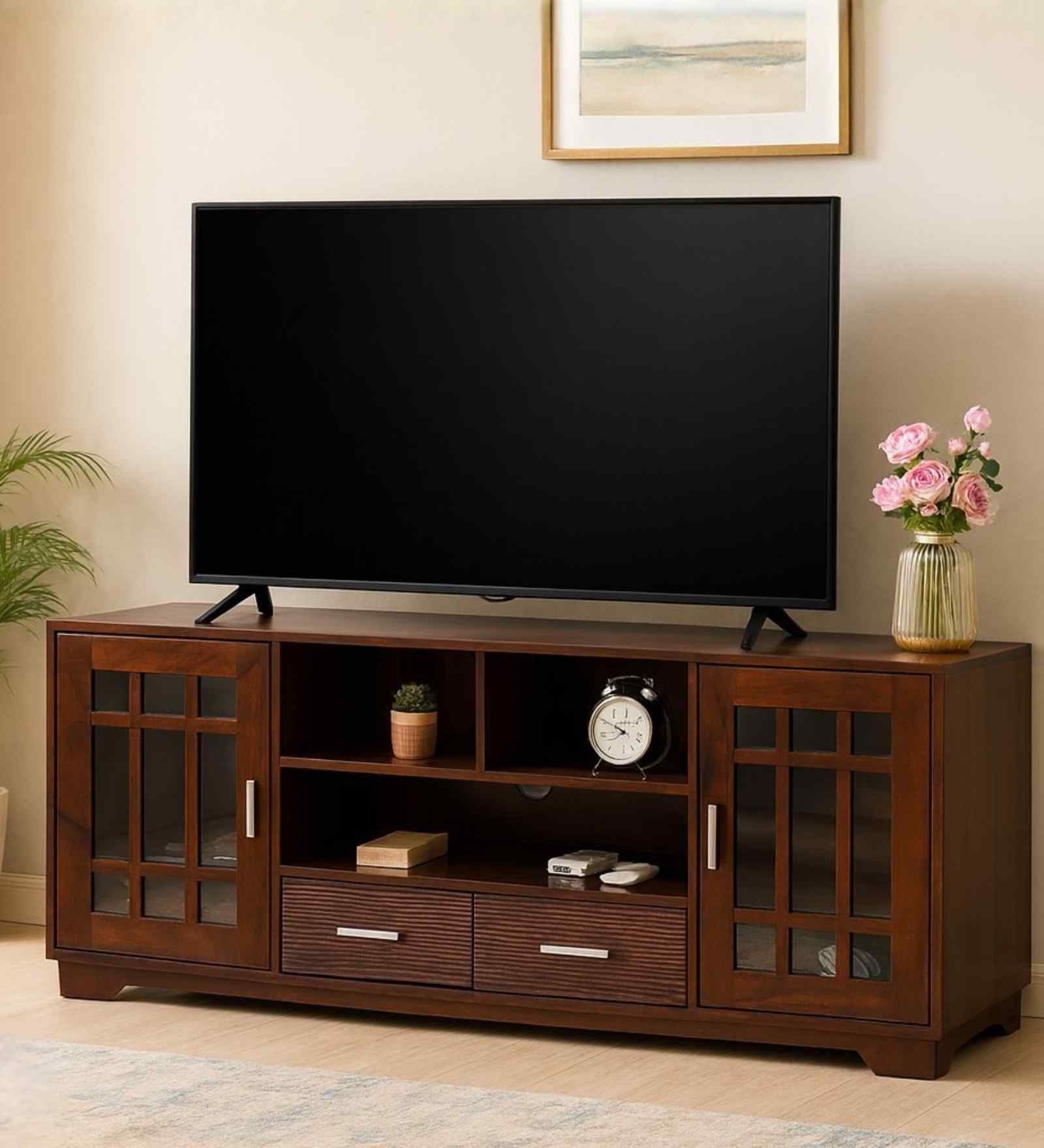 Mourya Wooden TV Unit In Brown Finish Mourya Wooden TV Unit In Brown Finish