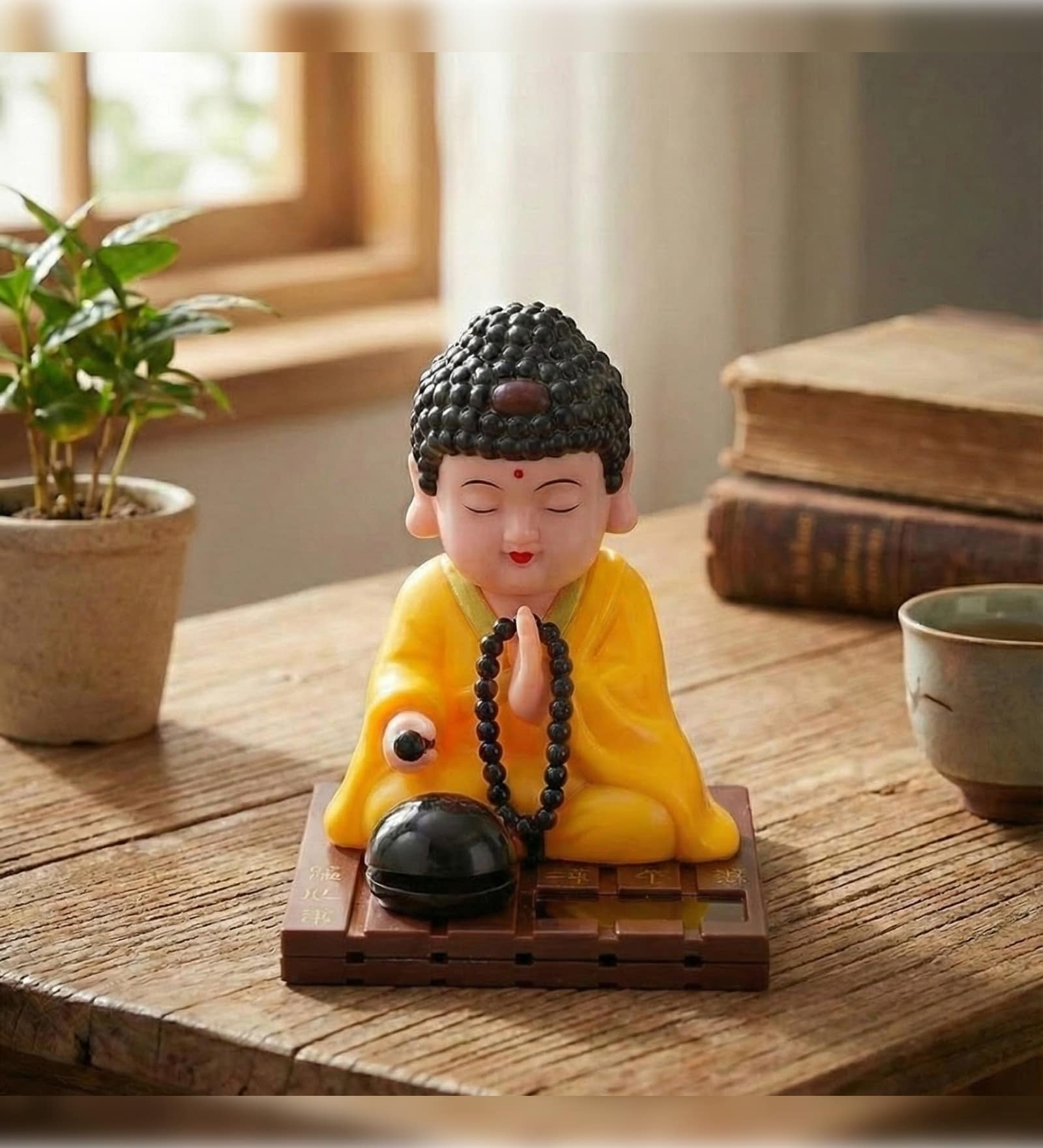 Yellow Moving Bobble Head Monk Buddha Idol Showpiece