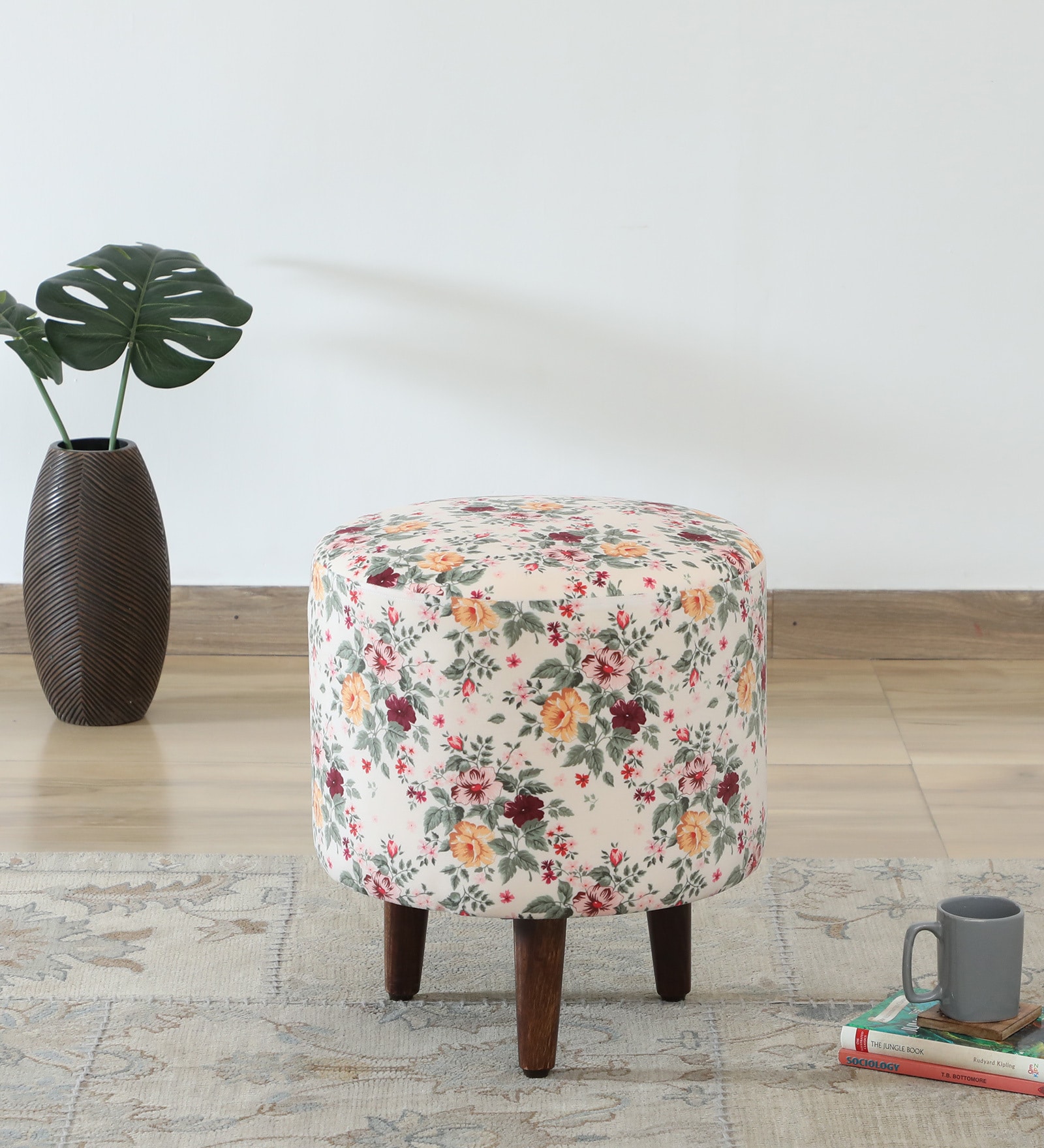Mozart Fabric Seating Stool In Provincial Teak Finish