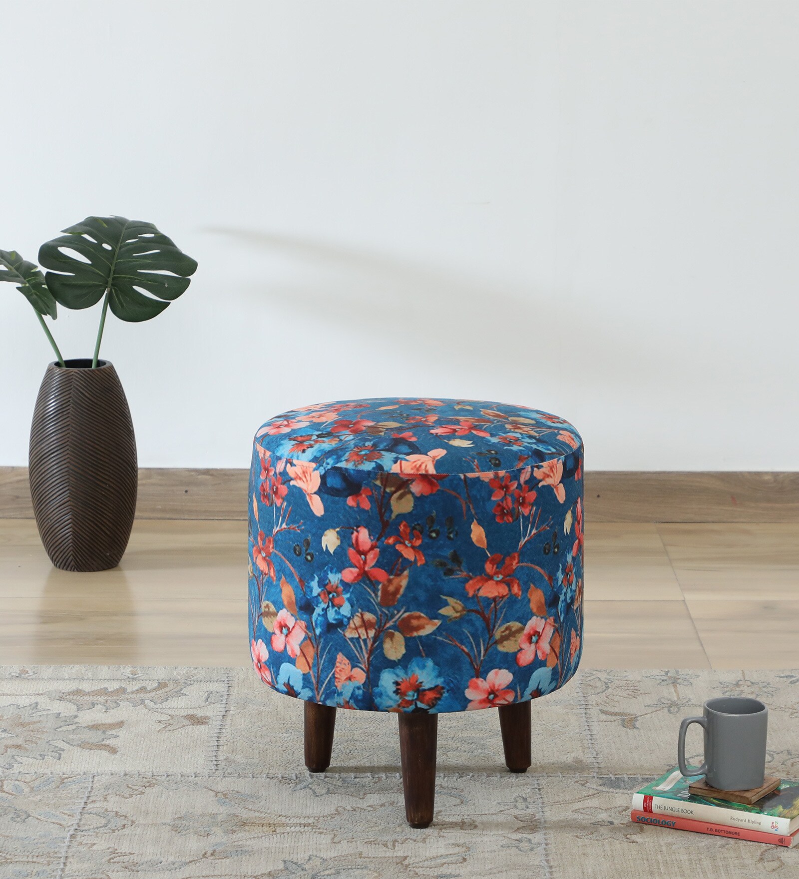 Mozart Fabric Seating Stool In Provincial Teak Finish