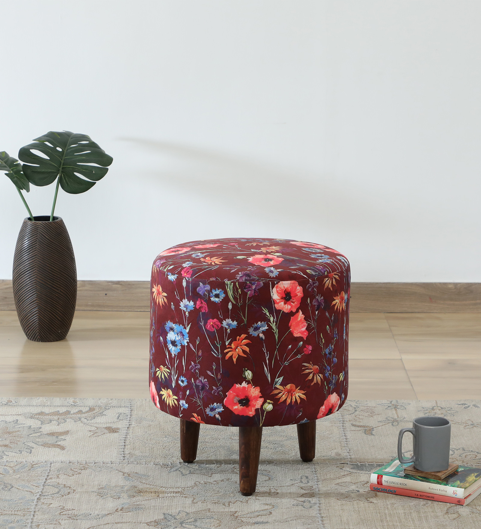 Mozart Fabric Seating Stool In Provincial Teak Finish