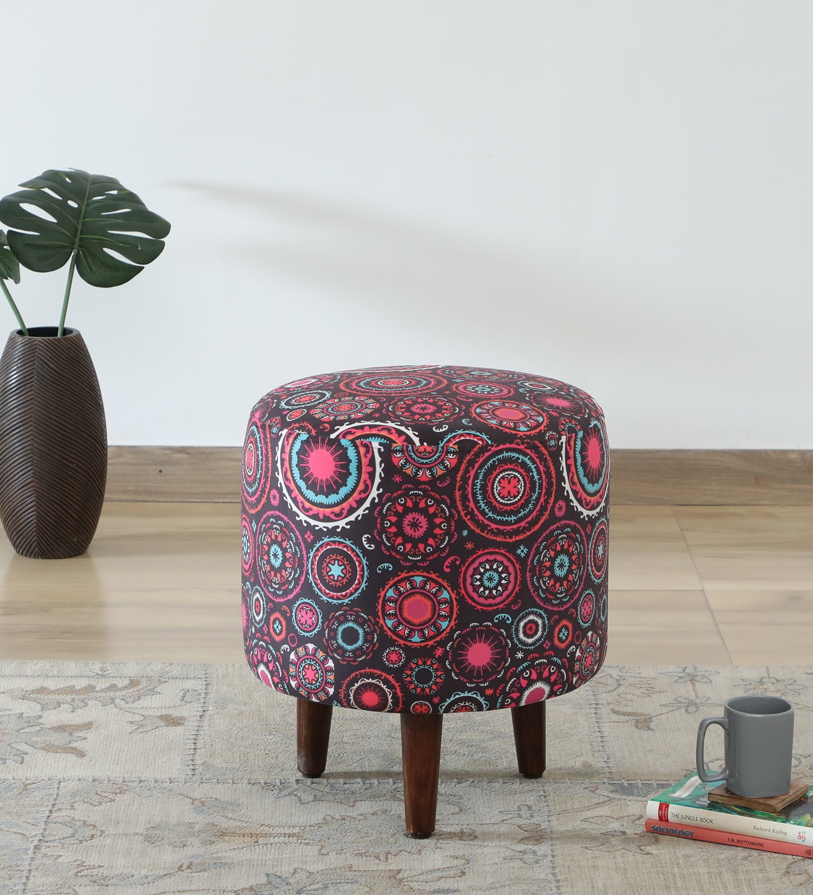 Mozart Fabric Seating Stool In Provincial Teak Finish