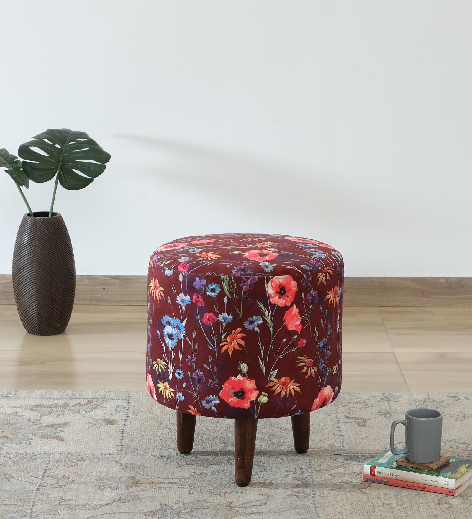 Mozart Velvet Fabric Seating Stool In Floral Print on Red Colour