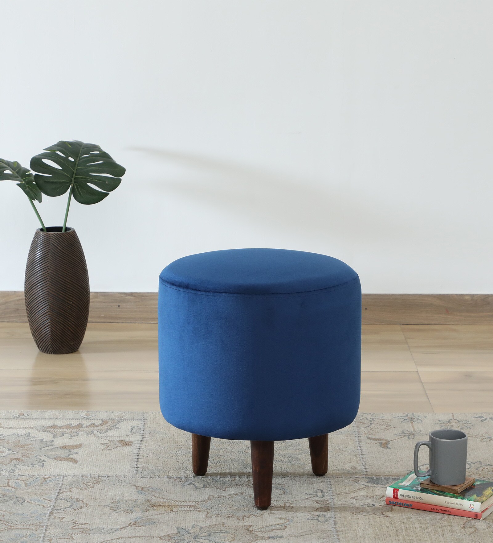 Mozart Velvet Seating Stool In Blue Colour
