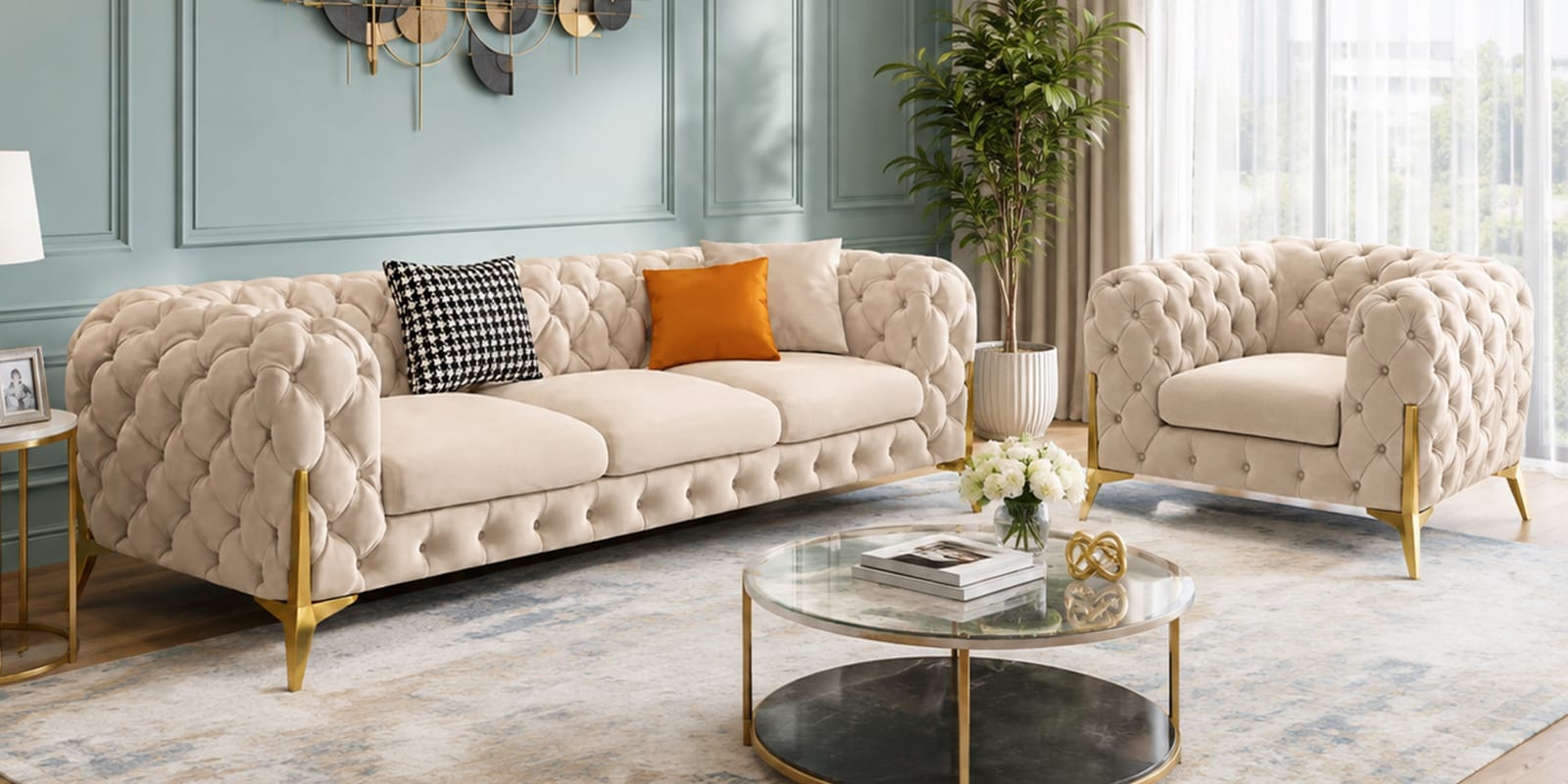 Modern Tufted Upholstery 3+1+1 Seater Sofa Set In Off-White Colour