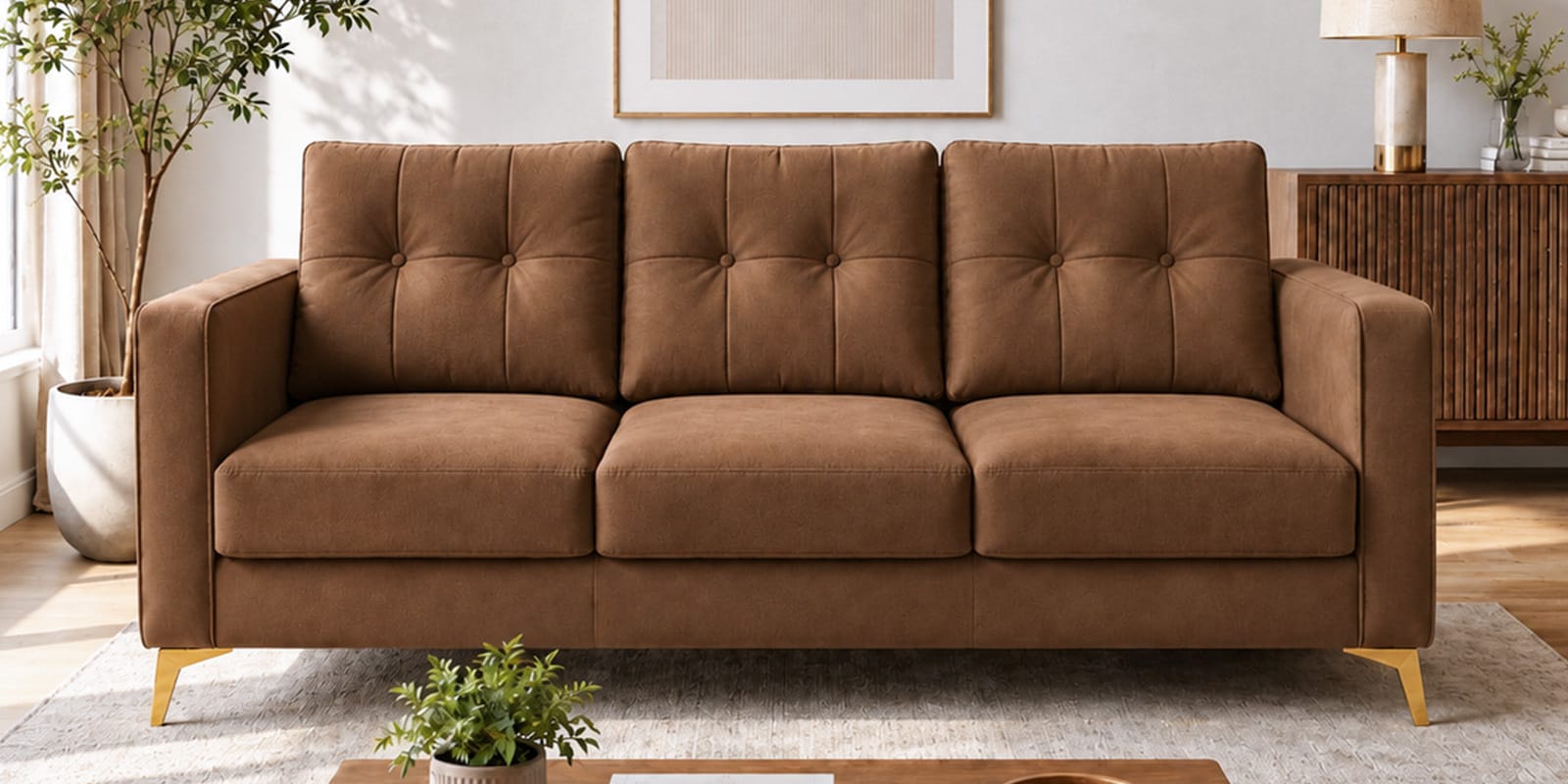 Modern Brown Tufted 3 Seater Sofa With Golden Legs Finish Modern Brown Tufted 3 Seater Sofa With Golden Legs Finish