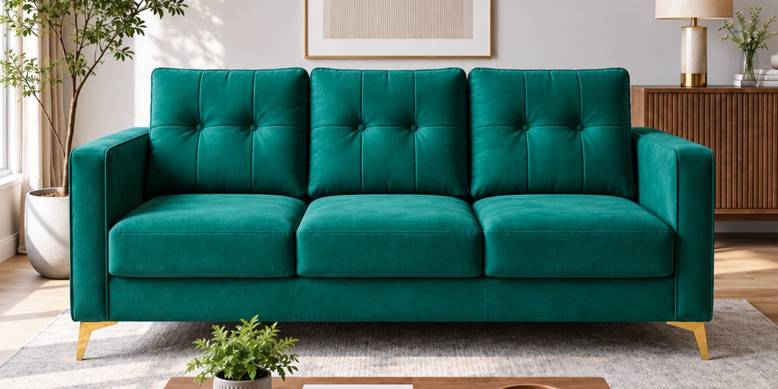 Modern Tufted 3 Seater Sofa In Green Colour With Golden Legs Finish Modern Tufted 3 Seater Sofa In Green Colour With Golden Legs Finish