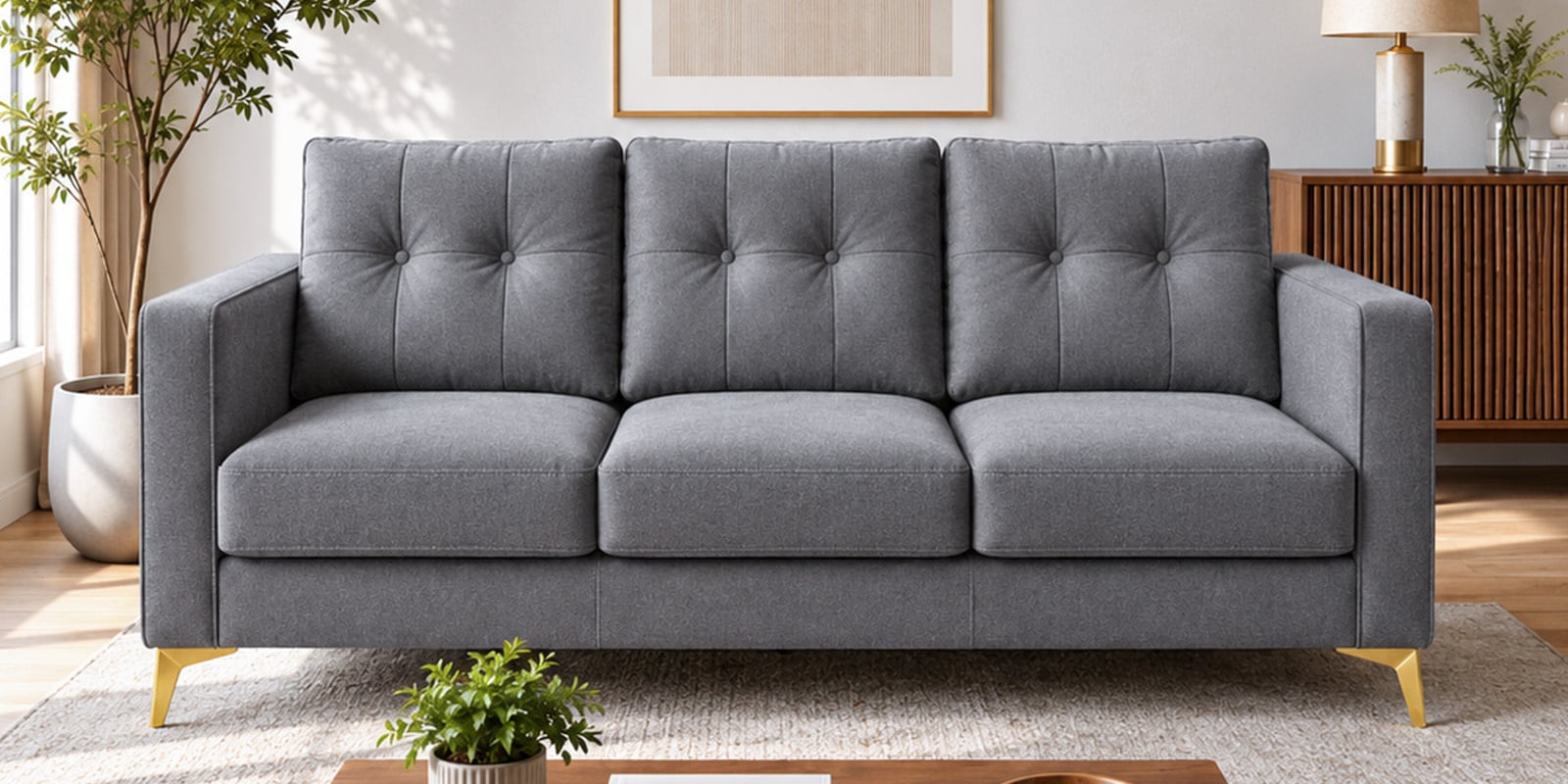 Modern Tufted 3 Seater Sofa In Grey Colour With Golden Legs Finish Modern Tufted 3 Seater Sofa In Grey Colour With Golden Legs Finish
