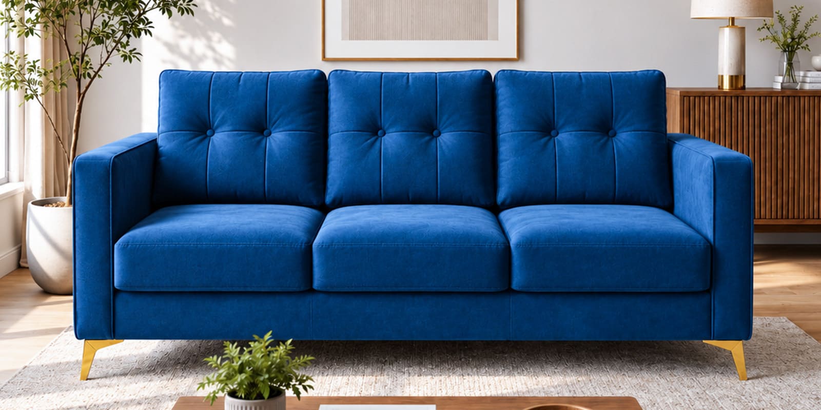 Modern Tufted Blue Colour 3 Seater Sofa With Golden Legs Finish Modern Tufted Blue Colour 3 Seater Sofa With Golden Legs Finish
