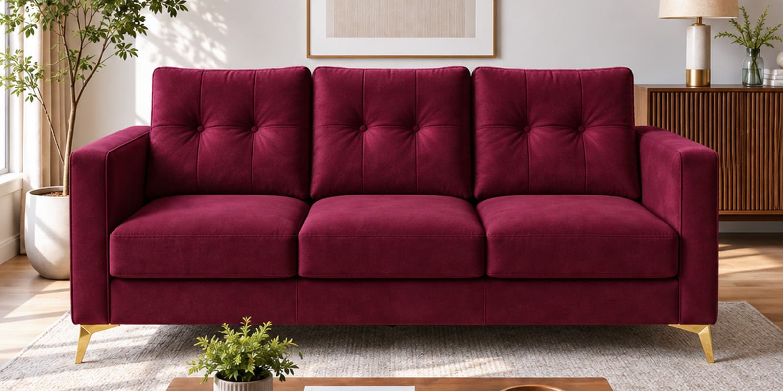 Modern Tufted Maroon Colour 3 Seater Sofa With Golden Legs Finish Modern Tufted Maroon Colour 3 Seater Sofa With Golden Legs Finish