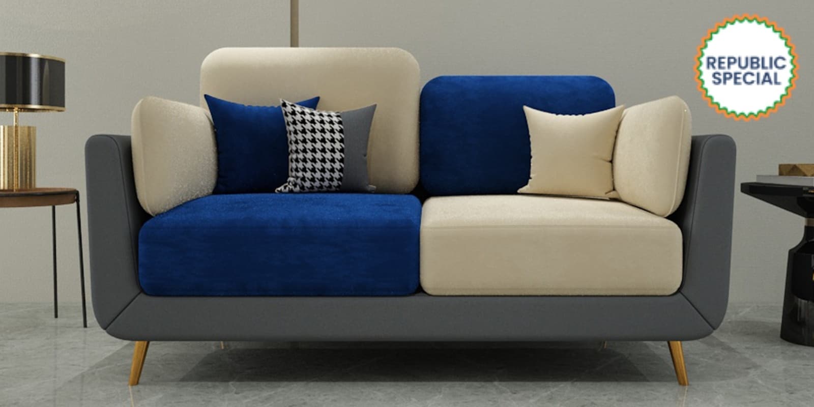 Montez Velvet 2 Seater Sofa in Blue & Beige Colour