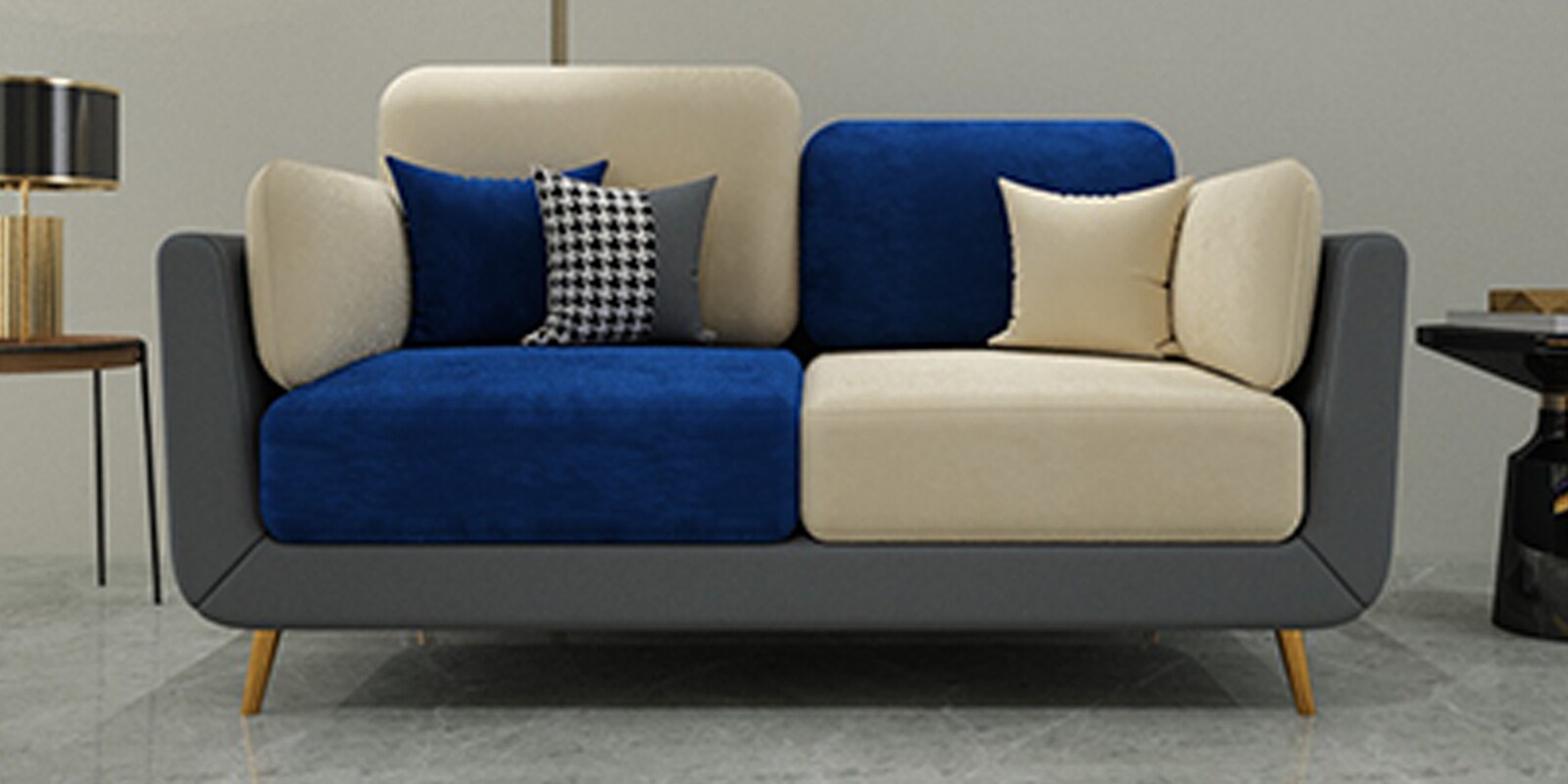 Buy Montez Velvet 2 Seater Sofa in Blue & Beige Colour at 37 OFF by