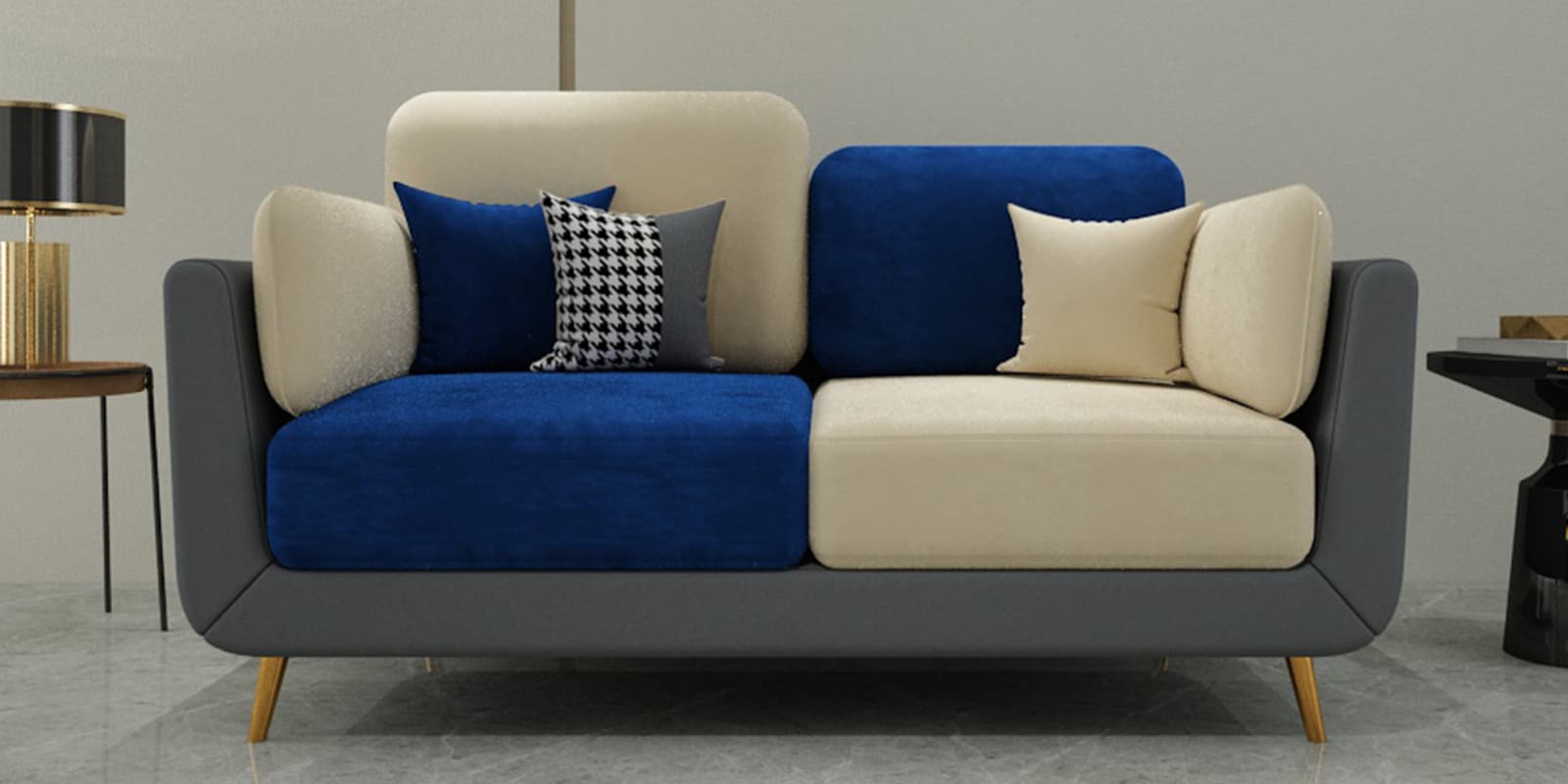 Montez Velvet 2 Seater Sofa in Blue & Beige Colour