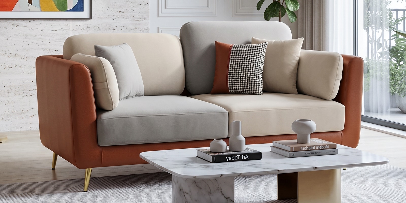 Montez Velvet 2 Seater Sofa in Brown & Beige Colour Montez Velvet 2 Seater Sofa in Brown & Beige Colour