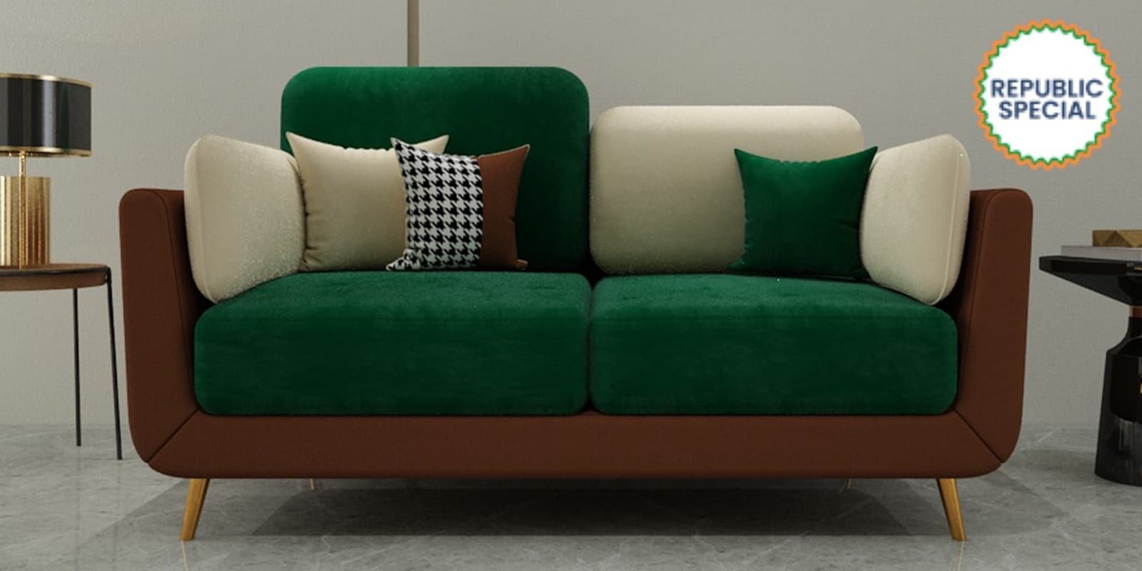 Montez Velvet 2 Seater Sofa in Green & Beige Colour