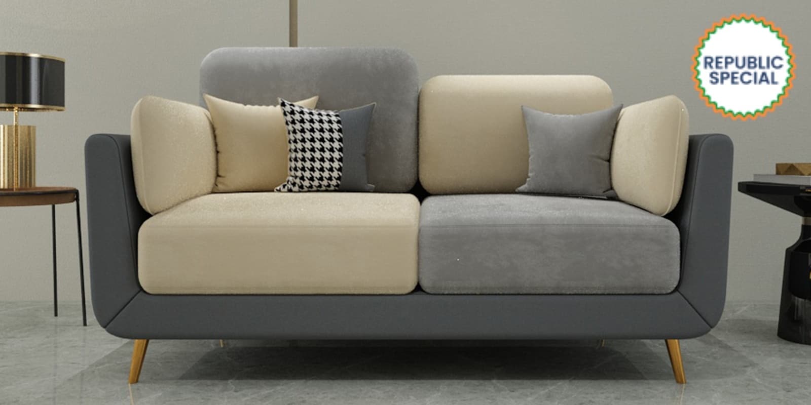 Montez Velvet 2 Seater Sofa in Grey & Beige Colour