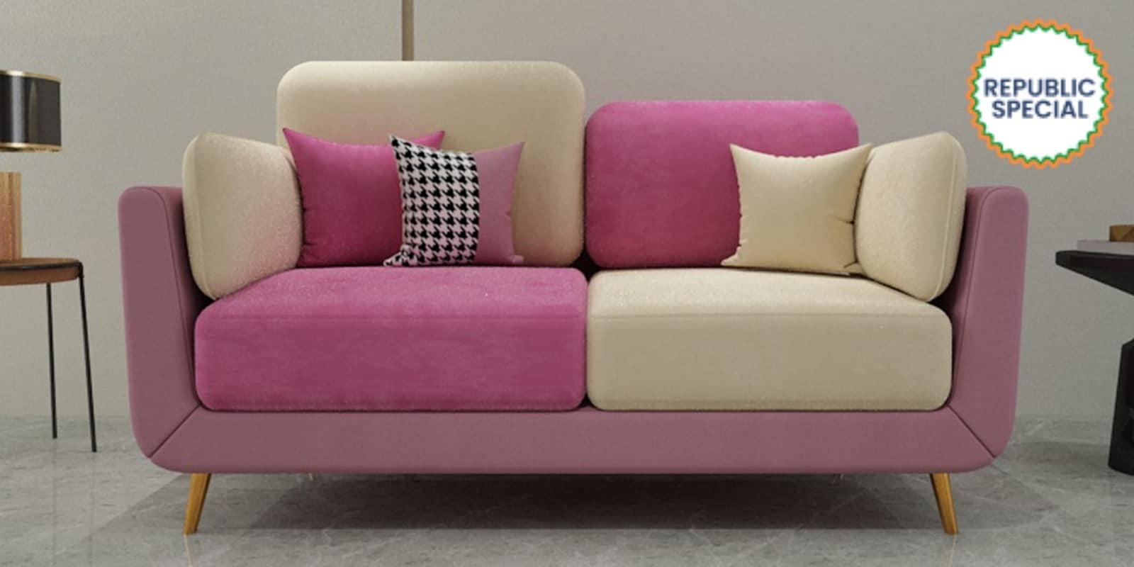 Montez Velvet 2 Seater Sofa in Pink & Beige Colour