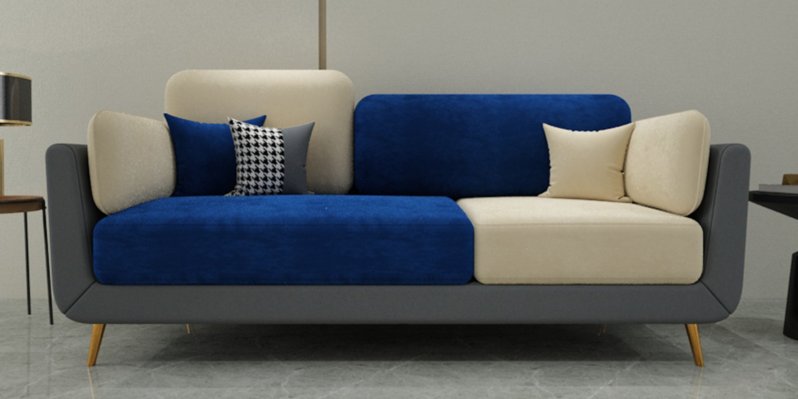 Montez Velvet 3 Seater Sofa in Blue & Beige Colour